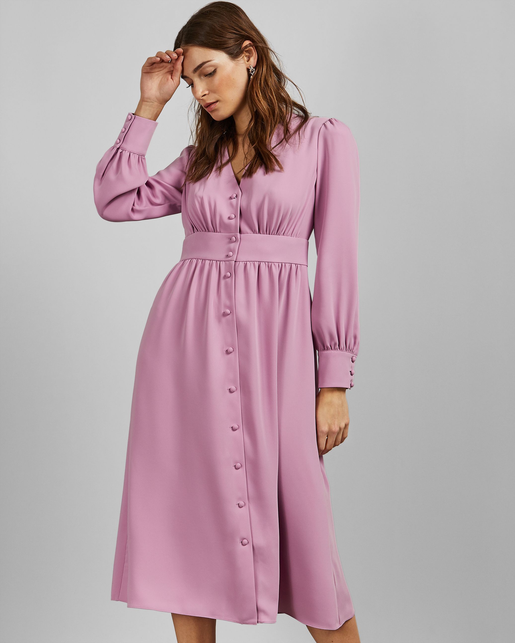 Ted Baker Jesicar Long Sleeve Deep V Midi Dress, Dusky Pink