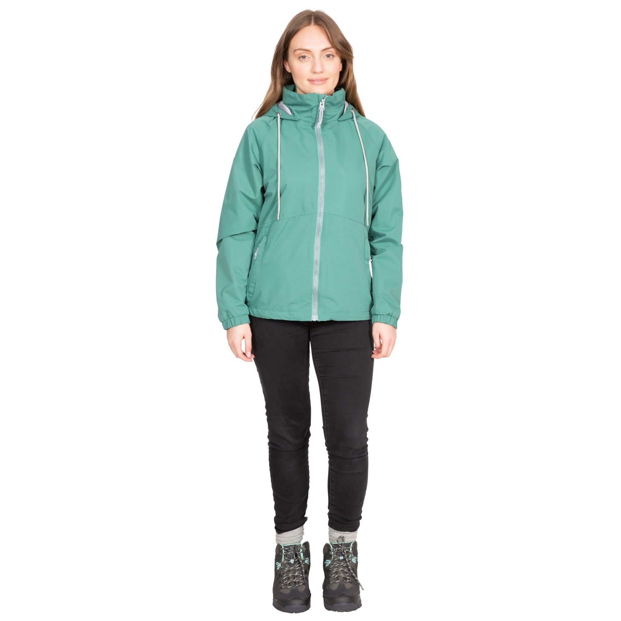 Shell: 100% Polyester Pongee, TPU membrane, Lining: 100% Polyester. Jersey marl lining. Adjustable fold away hood. 2 zip pockets. Inner zip pocket. Inner storm flap. Full elastic cuffs. Adjustable hem drawcord. Waterproof 5000mm, breathable 3000mvp, windproof, taped seams. Trespass Womens Chest Sizing (approx): XS/8 - 32in/81cm, S/10 - 34in/86cm, M/12 - 36in/91.4cm, L/14 - 38in/96.5cm, XL/16 - 40in/101.5cm, XXL/18 - 42in/106.5cm.