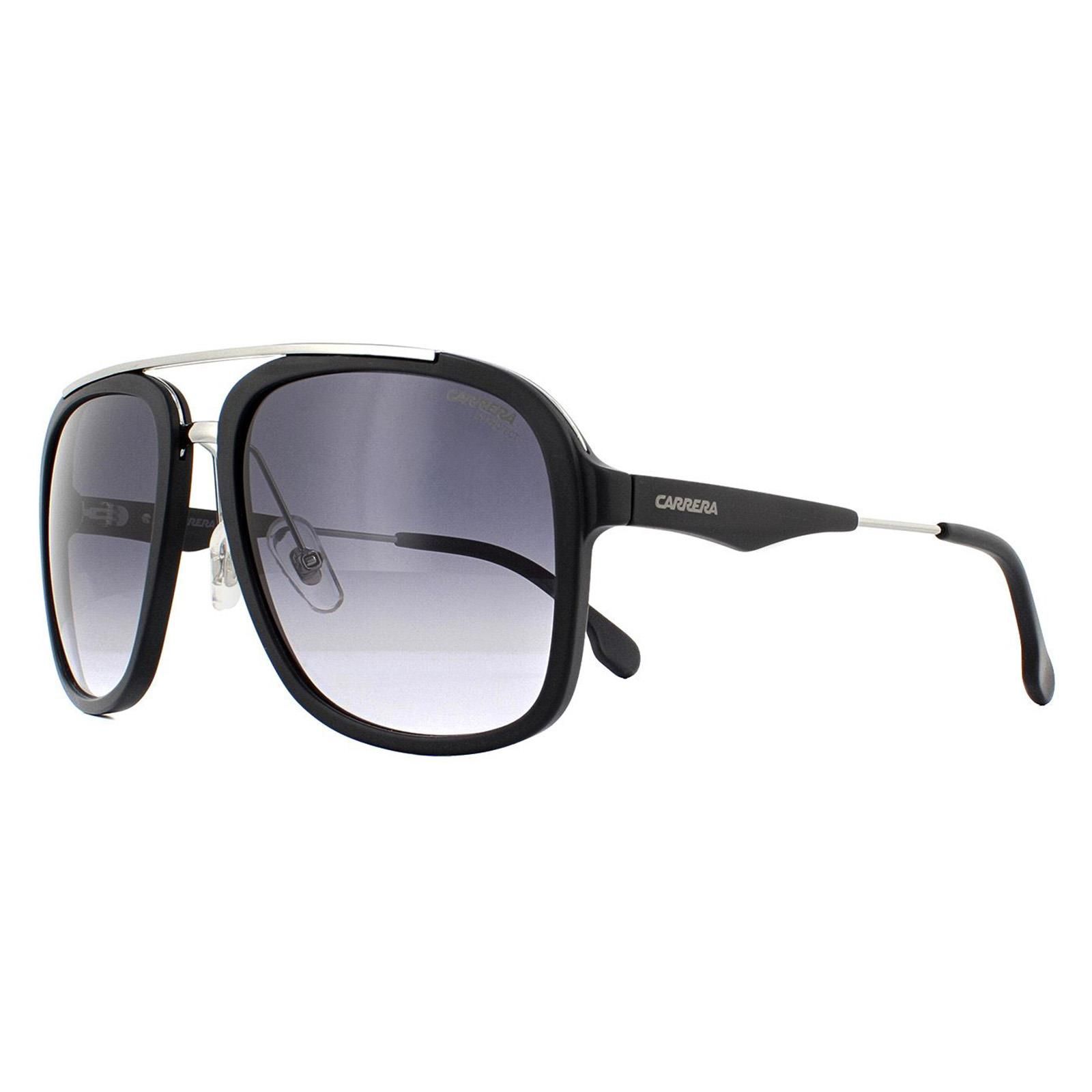 Carrera Sunglasses 133/S TI7 9O Ruthenium Matte Black Dark Grey Gradient have the latest trend for a top bar across the top of the frame for a trendy double bridge look in shiny metal matching the bridge and temple section also. Very fashionable and very popular!