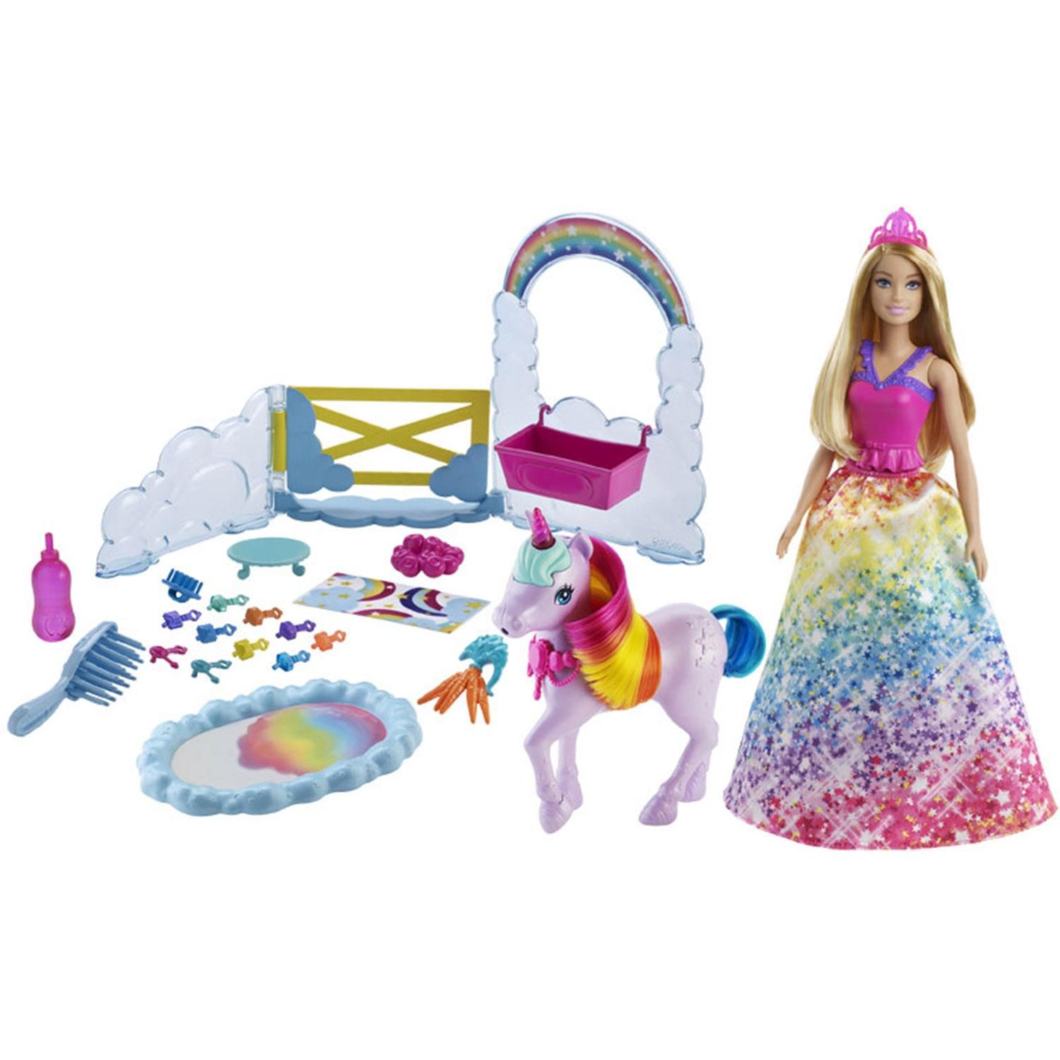 Barbie Dreamtopia Unicorn Pet Playset with Princess Doll

This Barbie Dreamtopia playset inspires kids to create all kinds of nurturing fairytale adventures! The Barbie princess doll can take care of her pet unicorn toy. Fill the bottle with water and help the Barbie doll feed her unicorn friend. The potty pad will change colour from white to a beautiful rainbow! This Barbie playset comes with a toy unicorn trough, snacks, hairbrushes (for Barbie princess and her unicorn) and 10 doll accessories for many imaginative play possibilities. Makes an excellent gift for kids aged 3+.

Features:

With a magical Colour change feature and so many accessories
This Barbie princess doll and unicorn playset makes the perfect gift
Doll cannot stand alone.
Colours and decorations may vary.

Specifications:

Toy Type: Unicorn Doll Play Set
Material: Abs Plastic
Colour: Multicolour
Age Range: 3 Years & Above

Box Contains:

1x Barbie Doll
1x toy unicorn trough
1x snacks
1x hairbrushes
1x grooming brush
10x doll accessories