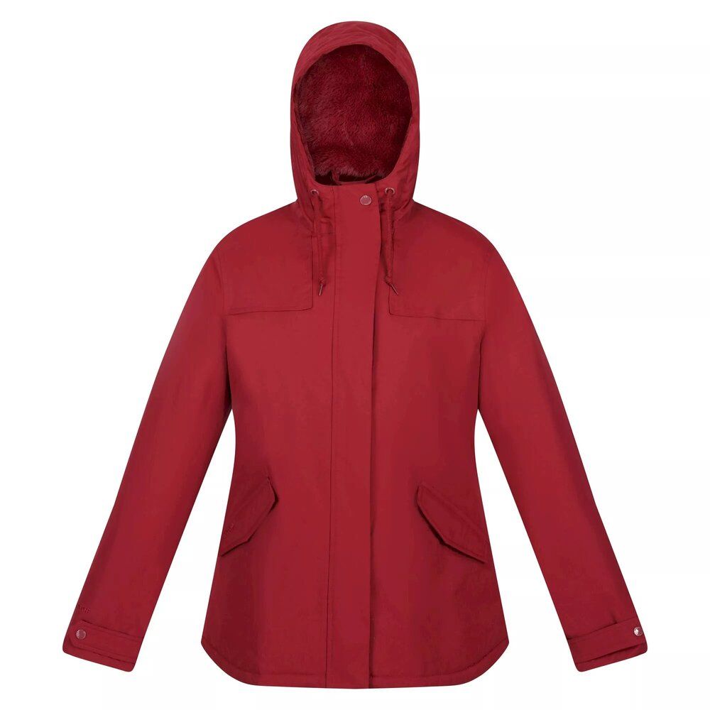 Outer Materials: 100% Polyester. Lining: Faux Fur. Fabric: Hydrafort, Peached. Design: Metallic Logo, Plain. Fabric Technology: DWR Finish, Waterproof, Windproof. Insulated, Taped Seams, Thermo-Guard. Cuff: Adjustable, Snap Fastening. Neckline: Hooded. Sleeve-Type: Long-Sleeved. Hood Features: Drawcord, Faux Fur, Grown On Hood. Pockets: 2 Side Pockets, Flap Closure, Concealed, 1 Security Pocket. Fastening: Full Zip, Stormflap.