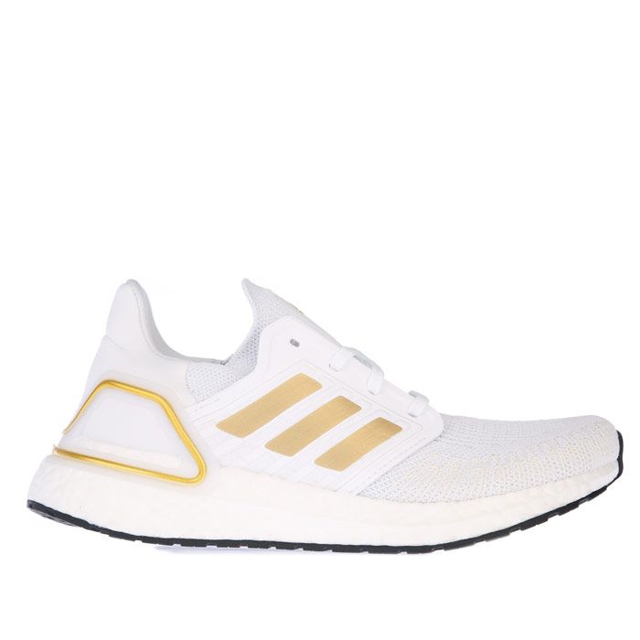 Womens adidas Ultraboost 20 Running Shoes in white gold.- adidas Primeknit+ textile upper.- Lace closure.- Snug  sock-like fit.- Tailored Fibre Placement locked-in fit.- Responsive Boost midsole.- Stretchweb outsole with Continental™ Rubber.- Textile upper  Textile lining  Stretchweb sole.- Ref.: EG0727