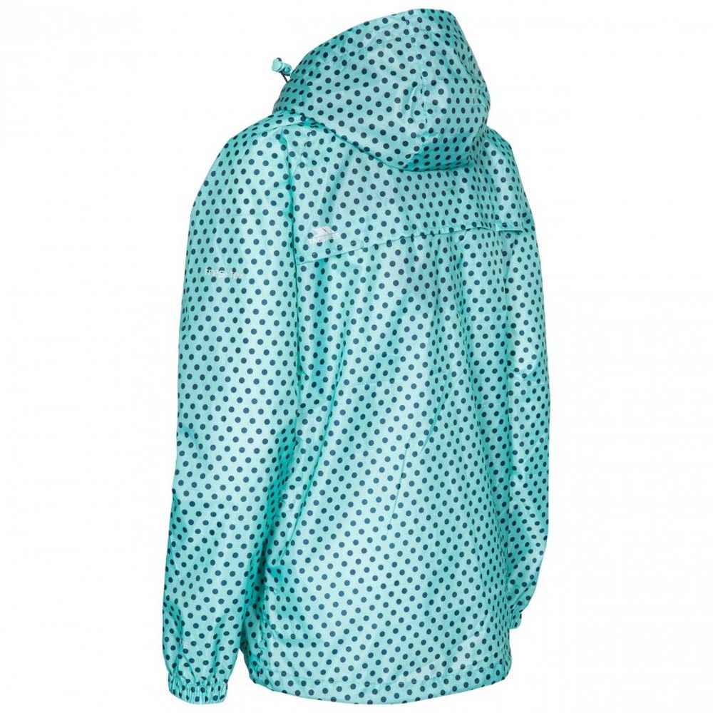 Printed shell. Contrast mesh lining. Adjustable grown on hood. 2 zip pockets. Full elasticated cuff. Contrast zips. Inner storm flap. Adjustable hem drawcord. Ventilated back yoke. Jacket packs away into pouch. Waterproof 5000mm, breathable 5000mvp, windproof, taped seams. Shell: 100% Polyester, PU coating, Lining: 100% Polyester. Trespass Womens Chest Sizing (approx): XS/8 - 32in/81cm, S/10 - 34in/86cm, M/12 - 36in/91.4cm, L/14 - 38in/96.5cm, XL/16 - 40in/101.5cm, XXL/18 - 42in/106.5cm.