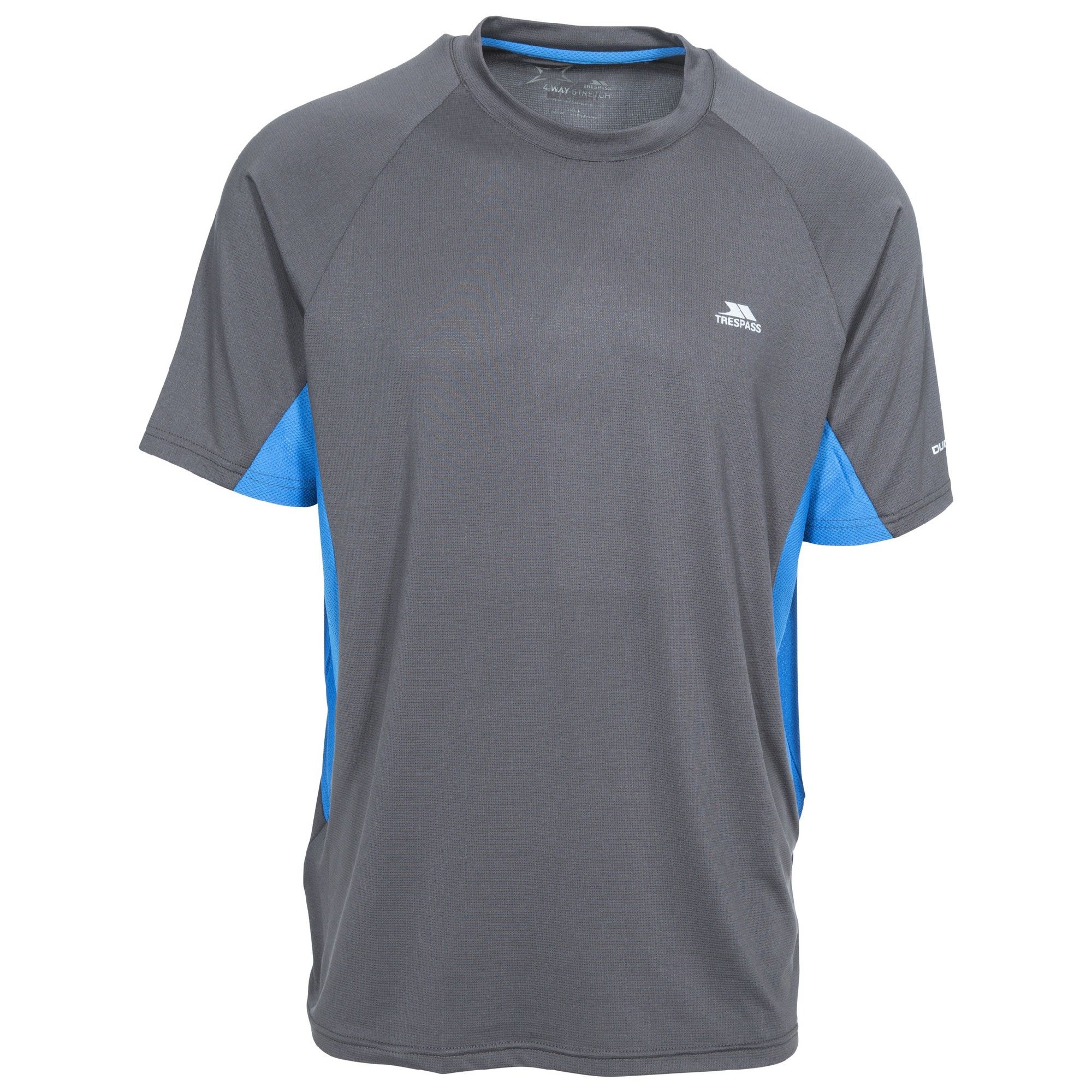 Short sleeve. Round neck. Contrast mesh panels. Reflective prints. 4 way stretch. Wicking. Quick dry. Main: 92% Polyester/8% Elastane, Mesh: 100% Polyester. Trespass Mens Chest Sizing (approx): S - 35-37in/89-94cm, M - 38-40in/96.5-101.5cm, L - 41-43in/104-109cm, XL - 44-46in/111.5-117cm, XXL - 46-48in/117-122cm, 3XL - 48-50in/122-127cm.