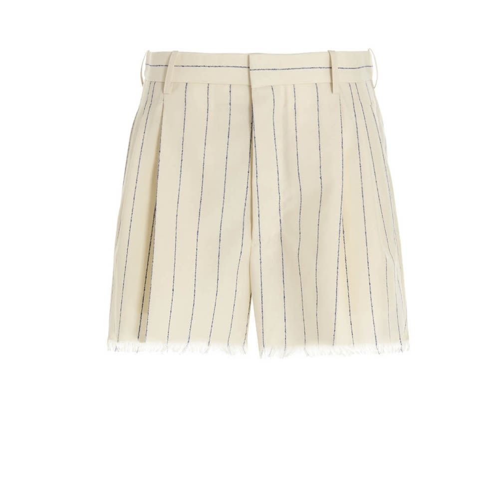 Wool shorts with stripe print, zip and hook closure, center crease, pockets, belt loops and frayed hem.