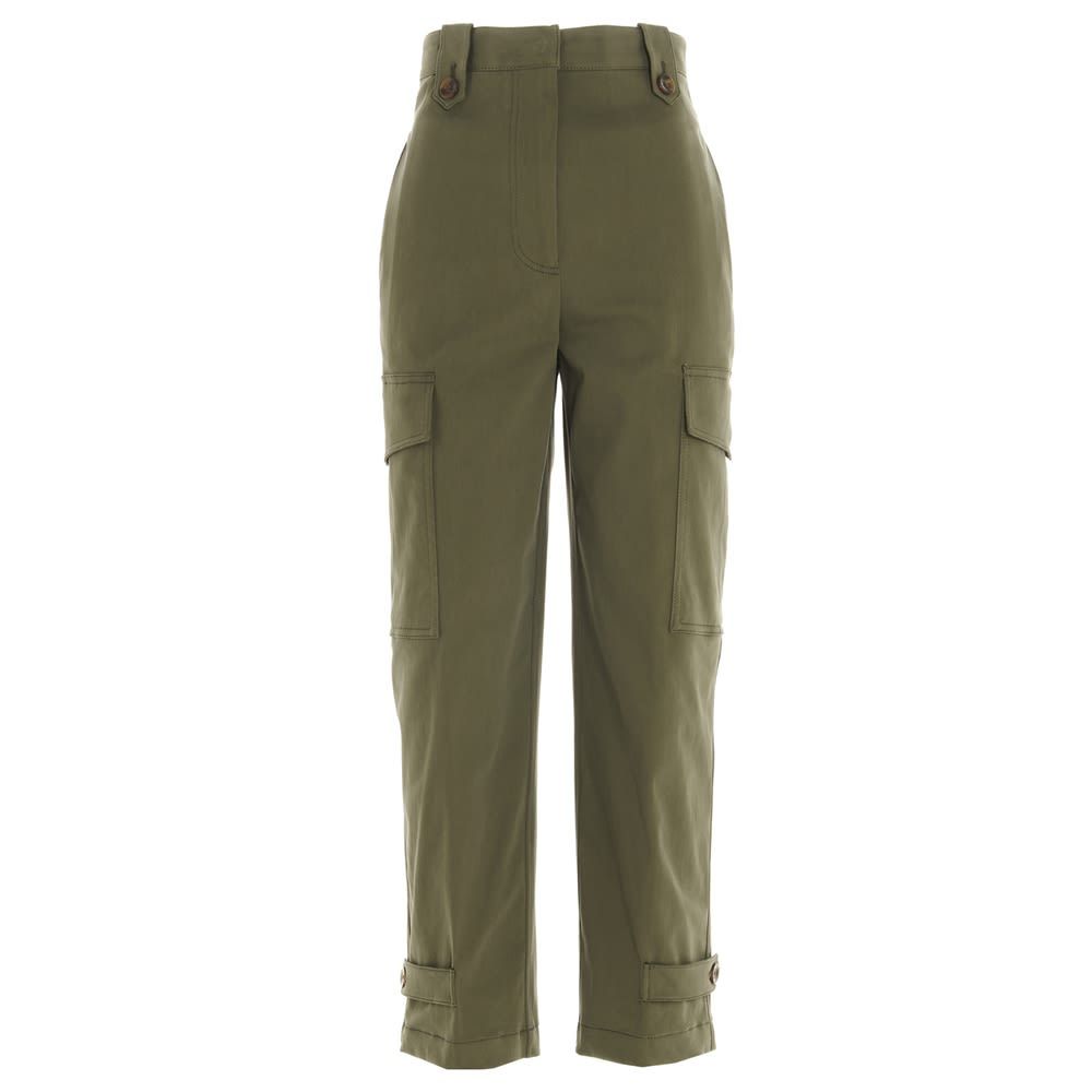 Green 
Cotton 
370 GR 
Delux cotton satin stretch 
Cargo 
Applied pockets 
Tabs at bottom 
Pockets at back 
High waist 
Zip, hook and button closure