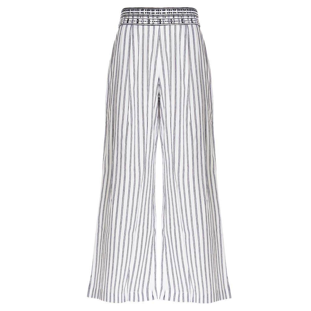 Cotton blend trousers with an all over striped print, an embroidered waist band, a loose leg, a side zip closure and pockets.