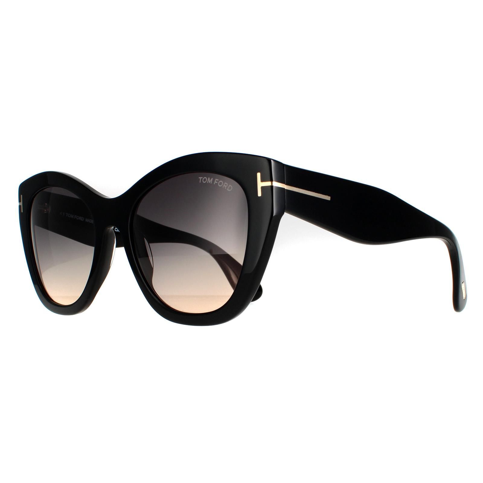 Tom Ford Cat Eye Womens Shiny Black Smoke Grey Gradient FT0940 Cara Sunglasses are a bold style with an elgeant cat eye silhouette with the iconic T metal motif on the chunky acetate frame.