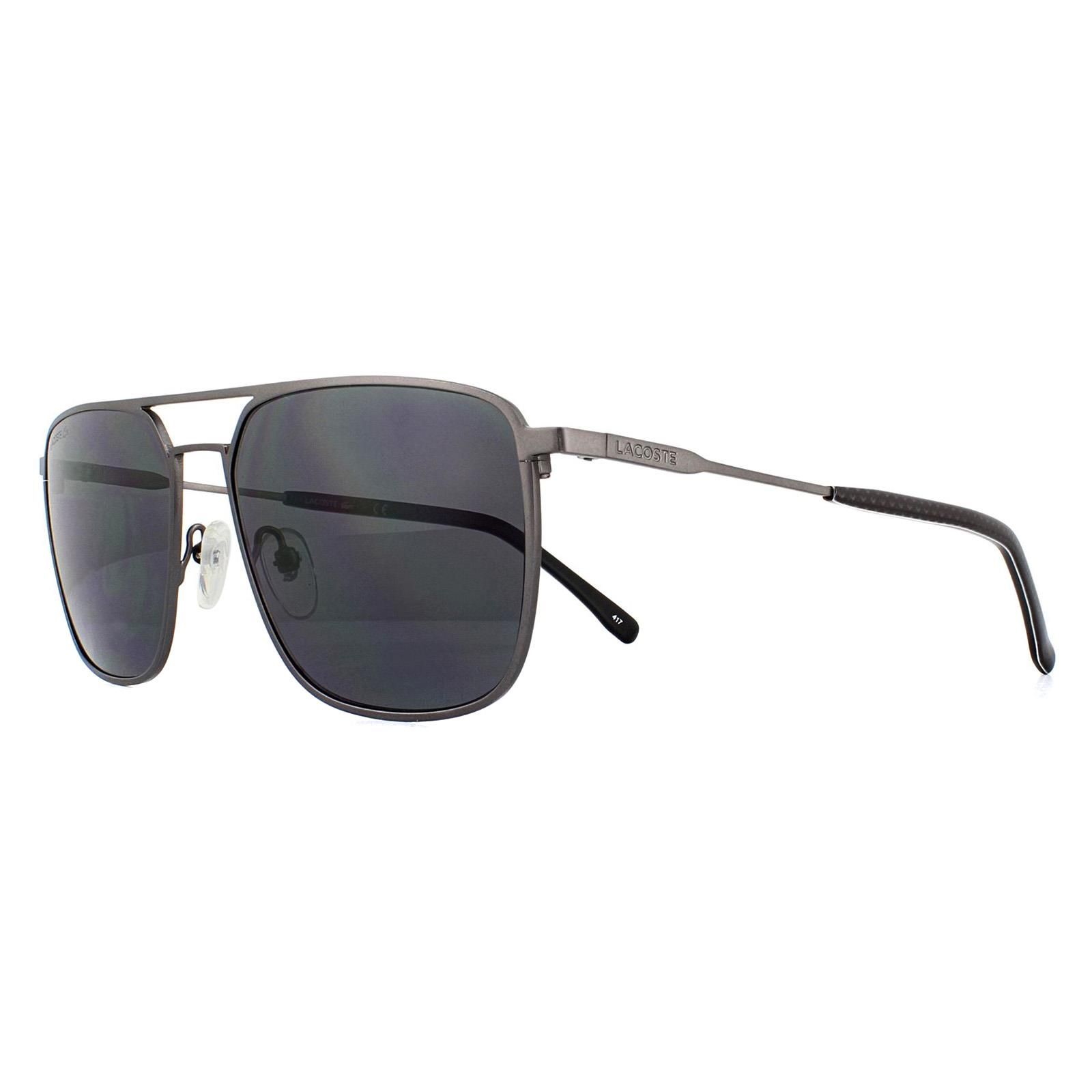 Lacoste Sunglasses L194S 033 Matte Gunmetal Grey are a squared off aviator style with a flat look to the front and lettered Lacoste logo at the temples.