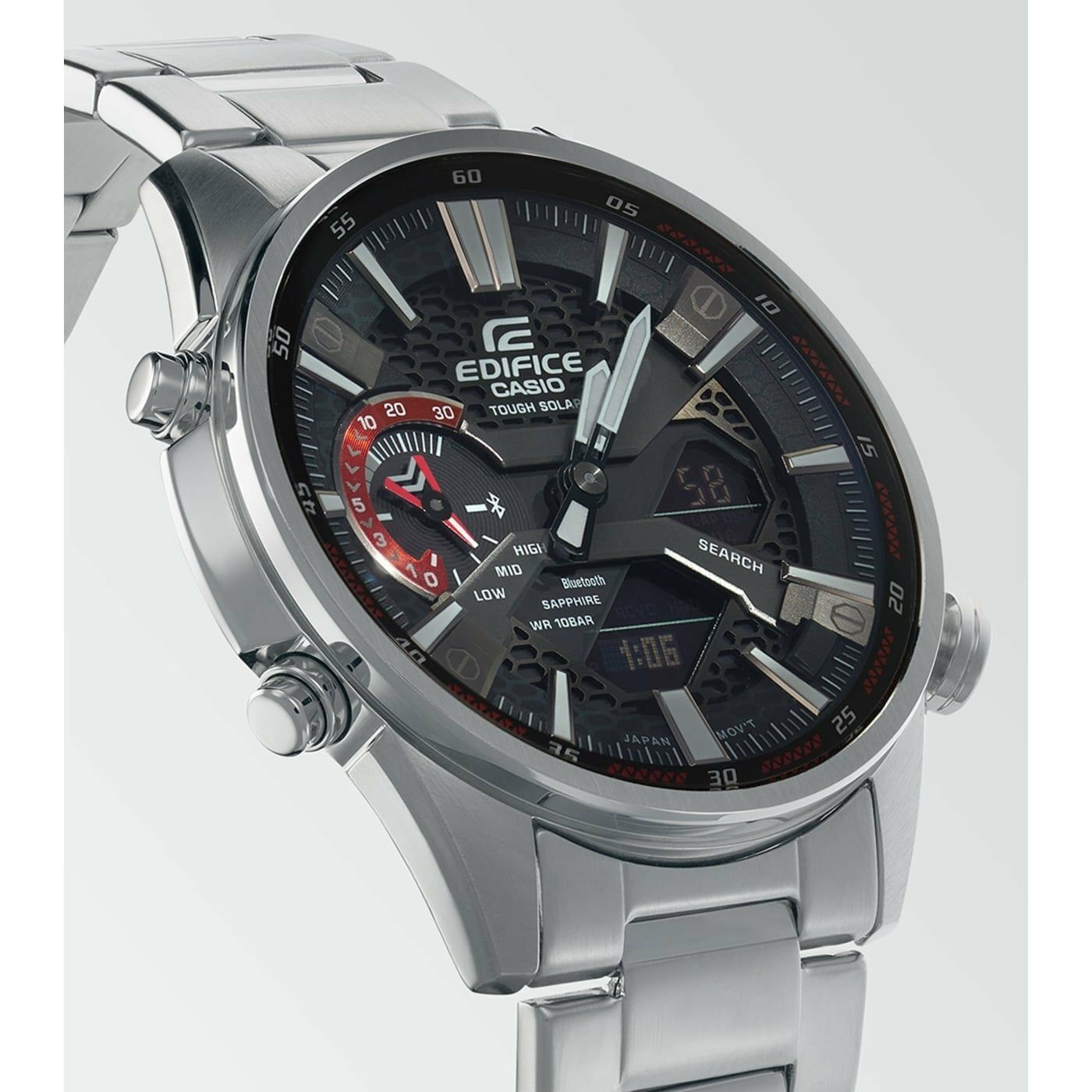 This Casio Edifice Analogue-Digital Watch for Men is the perfect timepiece to wear or to gift. It's Silver 42 mm Round case combined with the comfortable Silver Stainless steel will ensure you enjoy this stunning timepiece without any compromise. Operated by a high quality Quartz movement and water resistant to 10 bars, your watch will keep ticking. This sporty and fashionable watch gives you a unique feeling in every outfit! -The watch has a Calendar function: Day-Date, Bluetooth, Solar Powered,Stop Watch, Worldtime, Countdown High quality 21 cm length and 21 mm width Silver Stainless steel strap with a Fold over with push button clasp Case diameter: 42 mm,case thickness: 9 mm, case colour: Silver and dial colour: Black