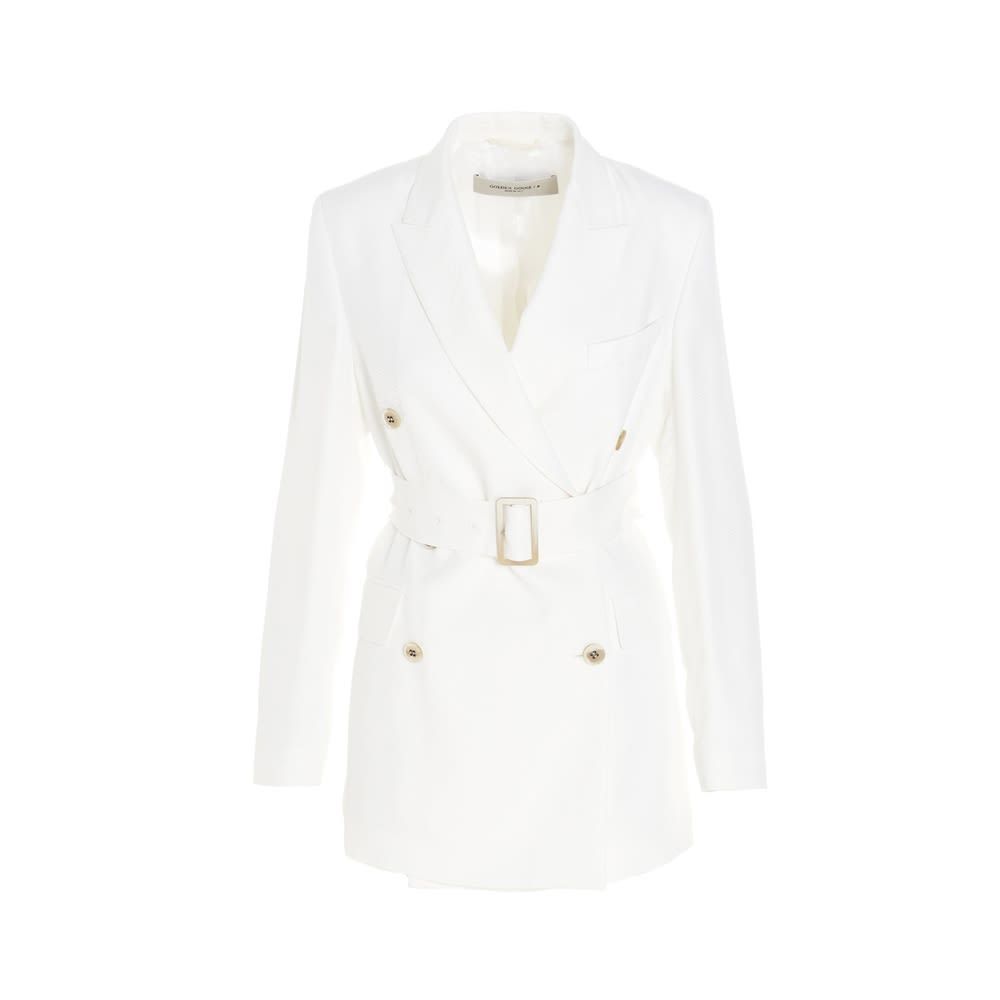 Golden Goose 'Clitia' viscose double-breasted blazer with V-neck, adjustable and removable fabric belt and padded shoulders.