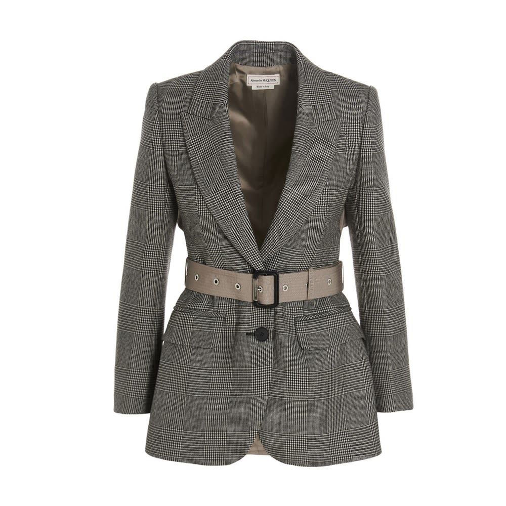 'Hybrid Trench' single-breasted Prince of Wales blazer jacket with trench-style back panel, padded shoulders and belt at the waist.