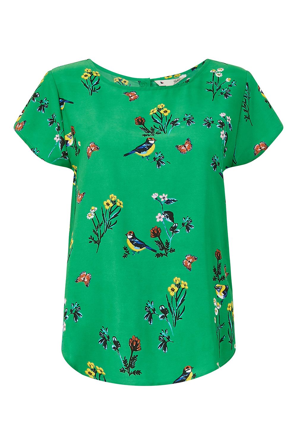 This Yumi Green Bird Print Short Sleeve Top is stylish, elegant and practical. Features a delicate bird print and bold green base. Match wide legged trousers or skinny jeans to complete the look.