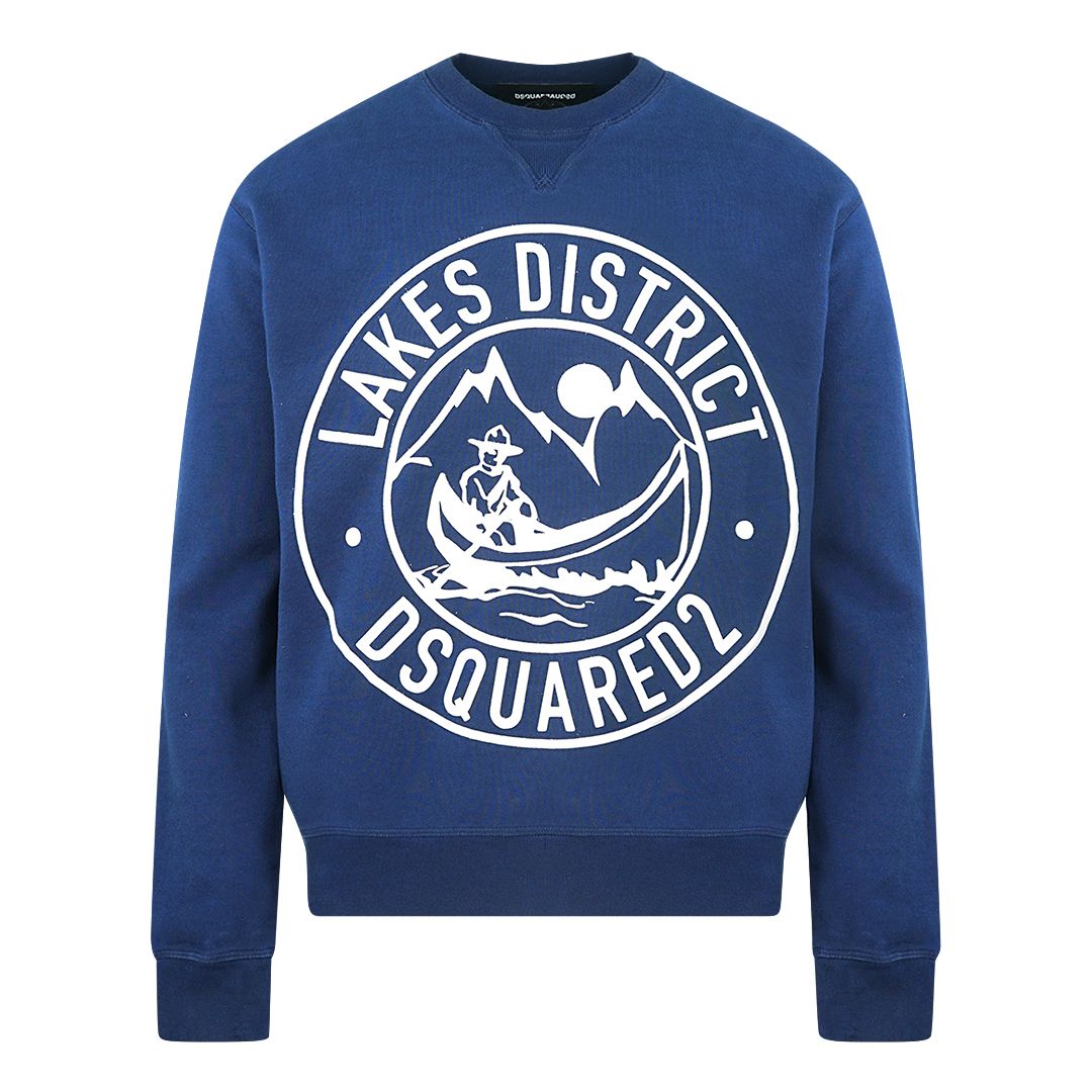 Dsquared2 Cool Fit Lake District Logo Blue Sweater. Dsquared2 Cool Fit Lake District Logo Blue Jumper. 100% Cotton, Made In Italy. Elasticated Neck, Sleeve Ends and Bottom. Large Logo Print. Style Code: S71GU0417 S25030 478