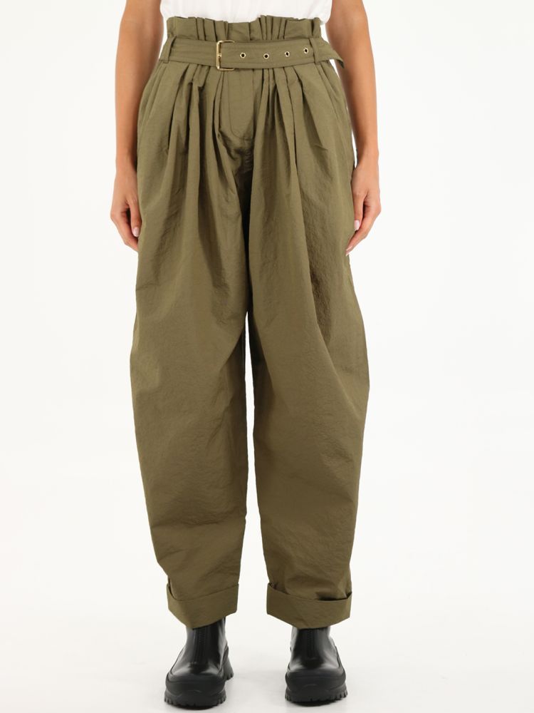 Wide military green trousers with high waist paper bag and belt at the waist. Features two side pockets, two back pockets, rolled hems. Gold-colored metallic finishes.The model is 178 cm tall and wears a size 36 FR