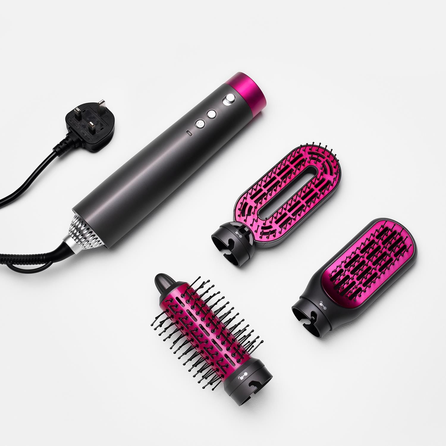 All of your hairstyling needs in one tool with the envie 3 in 1 Hair Styling Brush!  With three interchangeable combs, including a 12cm styling brush for curling, 14cm brush head for straightening and a 15cm brush for blow-drying – enjoy a variety of looks from one tool.

Key Features: 
3 interchangeable combs
Hair curling, straightening and drying
One button temperature control
3 heat settings – hot/warm/cool
2 speed settings – high/low
Led light indicator for temperature settings
Max. power: 900 watts