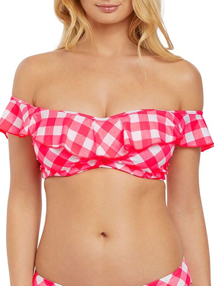 Freya Totally Check,  this monochrome gingham print bardot has the cute waterfall frill off the shoulder cap sleeves.  The detachable straps can be worn in many ways: strapless, halterneck, criss-cross or conventional. The gathering at the bust is very complimentary for any bust size as this shapes and the lightly padded foam cups adds support and modesty.  This collection is bang on trend and flattering for all body shapes.