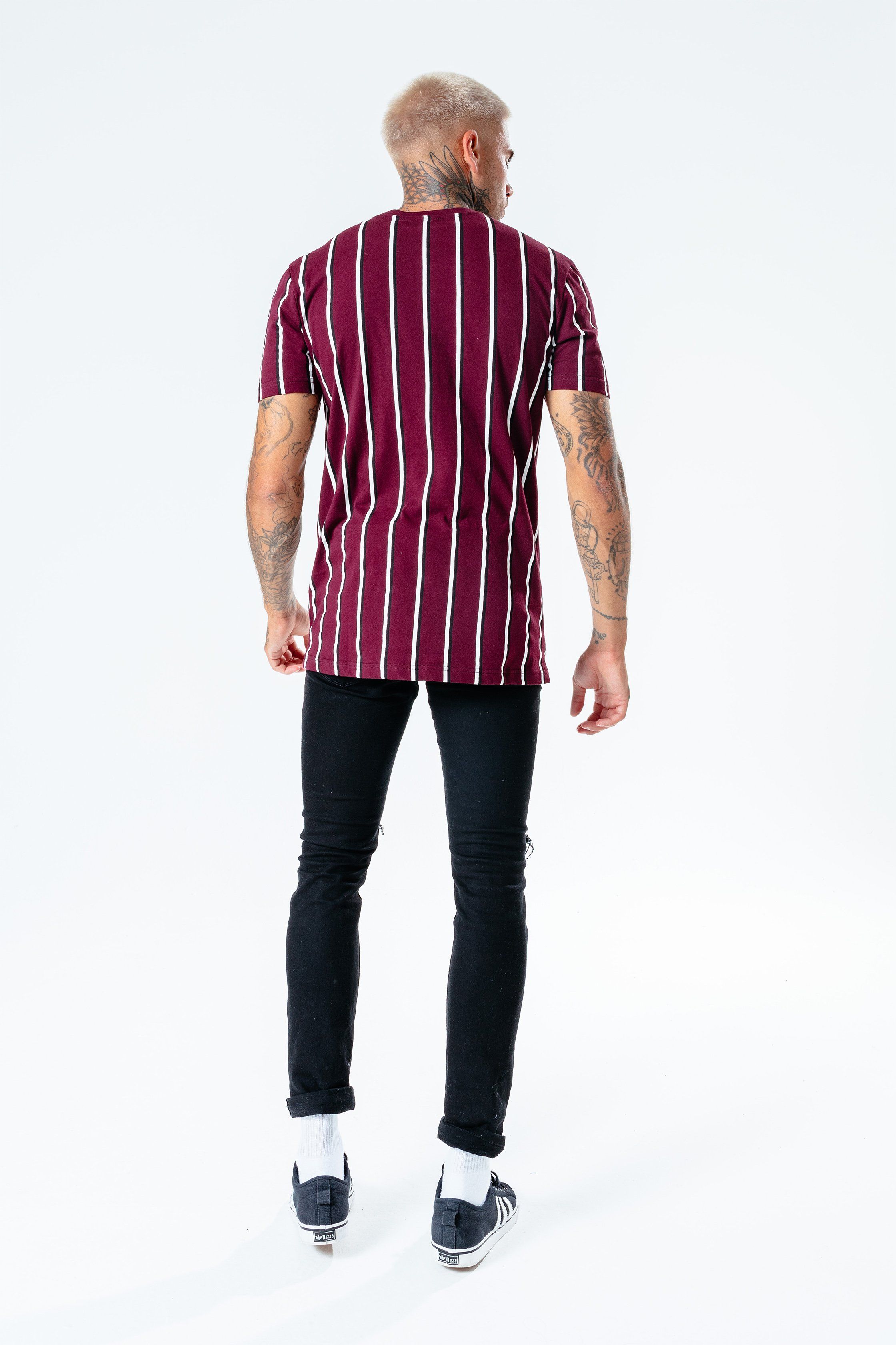 The HYPE. burgundy stripe men's t-shirt pairs perfectly with the HYPE. men's black joggers for an off-duty relaxed look. Coming in with a burgundy, white and black colour palette in an 100% cotton fabric base for supreme comfort. Designed in our standard men's tee shape, with a crew neckline and short sleeves. Finished with an embroidered embossed patch on the sleeve. Machine wash at 30 degrees.