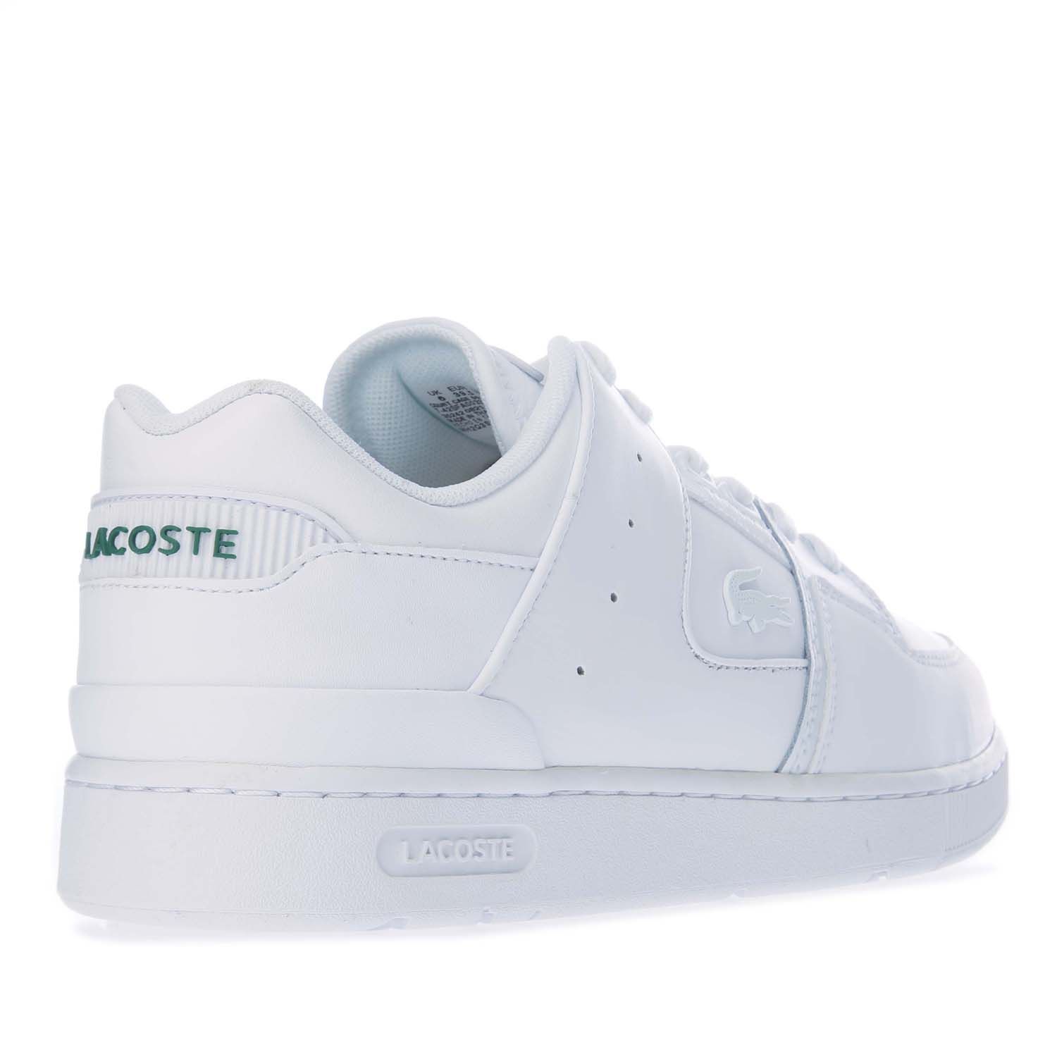 Womens Lacoste Court Cage Trainers in white.- Leather upper.- Lace up fastening.- Padded tongue and cuff.- Ortholite sockliner for comfort and odour control.- Low-profile design.- Lacoste branding at tongue.- Contrast heel patch with Lacoste lettering.- Perforated toe vamp.- Textured grip tread.- Durable rubber outsole.- Leather upper  Textile lining  Synthetic sole.- Ref: 742SFA003321G