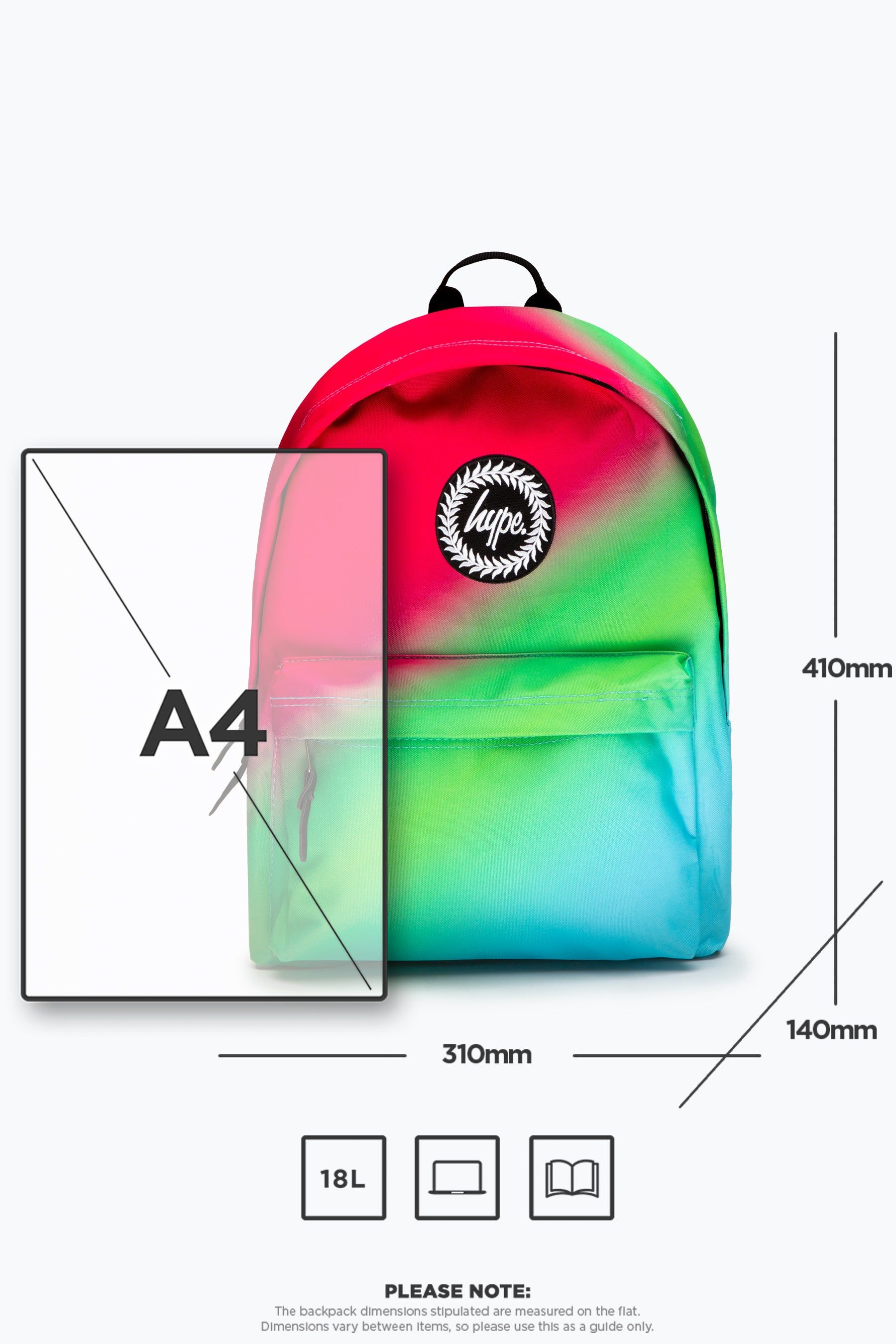 The perfect backpack does exist, and you're looking right at it. The HYPE. blue fade backpack is designed in our signature fade print in a pink, blue and green colour palette. With the iconic HYPE. crest badge, front pocket and embossed zip pullers. This backpack measures at 42 cms x 30 cms x 12cms, creating the perfect size to transport your goods from home to school and school to home. The straps offer supreme comfort with just the right amount of padding you need from your new backpack. Wipe clean only.
