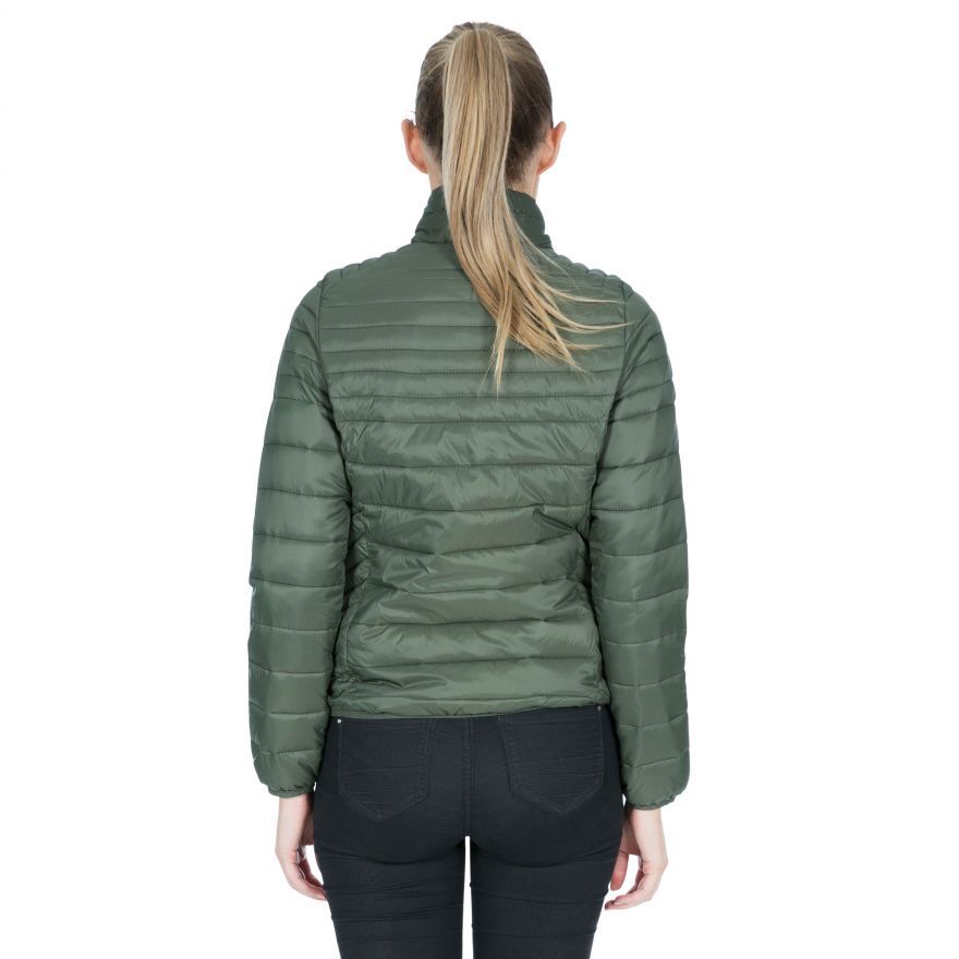 Womens quilted jacket. Down touch filling. 2 zip pockets. Inner storm flap. Elastic binding at cuff and hem. Materials - Shell: 100% polyamide, Lining and Filling: 100% polyester.