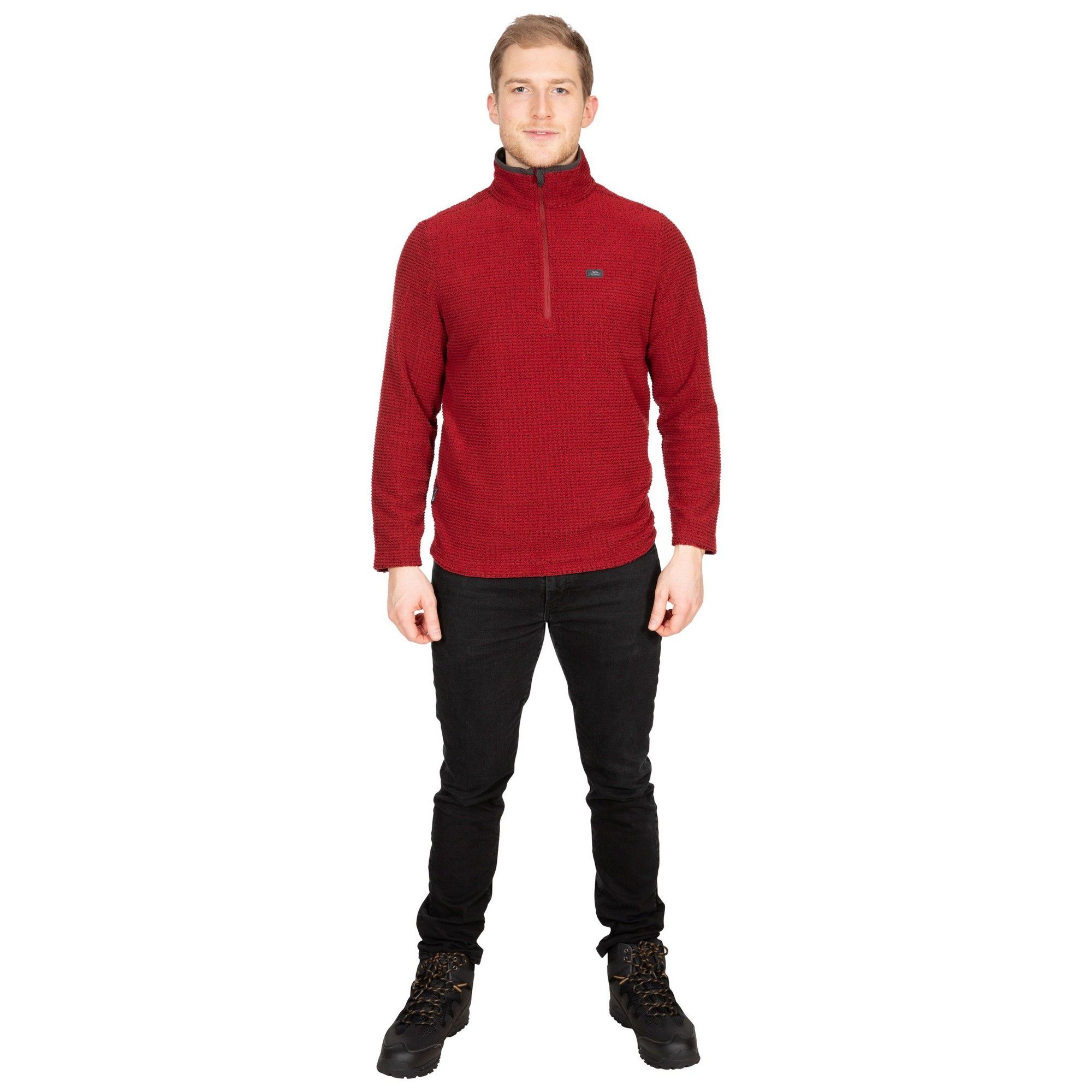 Shell: 100% Polyester fleece, Facings: 96% Polyester/4% Elastane. Textured fleece. 1/2 zip neck. Chin guard. Airtrap. 220gsm. Trespass Mens Chest Sizing (approx): S - 35-37in/89-94cm, M - 38-40in/96.5-101.5cm, L - 41-43in/104-109cm, XL - 44-46in/111.5-117cm, XXL - 46-48in/117-122cm, 3XL - 48-50in/122-127cm.