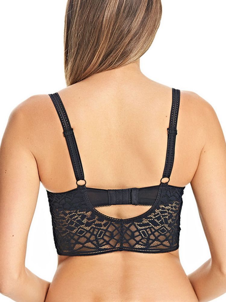 Make a statement in this romantically chic Freya Soiree Lace collection featuring stylish mosaic and geometric style lace with soft mesh panels to create a captivating look.  This longline bralette has diagonal seams that provide natural uplift to your bust and support without the padding.  The plunge style neckline offers a flattering fit and enhances your cleavage - as well as being perfect underneath low cut tops.  The longline feature makes this bralette perfect to wear as outerwear and the low scoop back adds an alluring touch.  Stitch detail is featured on the fully adjustable shoulder straps and the bra is fastened with a hook and eye closure.  Complete with a satin bow for a gorgeous finish.