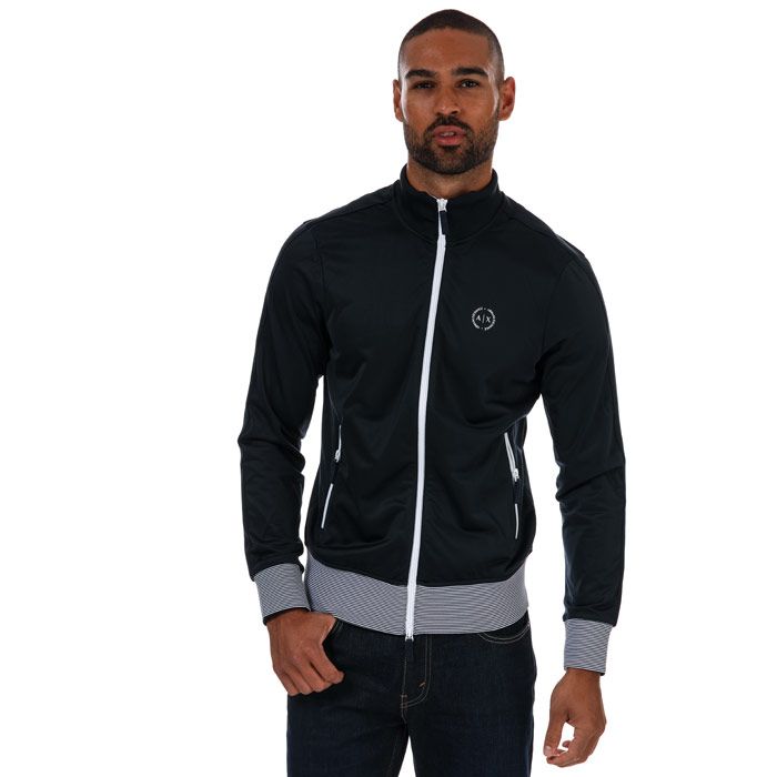 Mens Armani Exchange Trim Zip Track Jacket in navy.- Funnel neck.- Long sleeves.- Full zip fastening.- Two side zipped pockets.- Circle logo at left chest.- Striped cuffs  hem  and collar lining.- 100% Polyester. Machine washable.- Ref: 8NZM91JM8Z1510