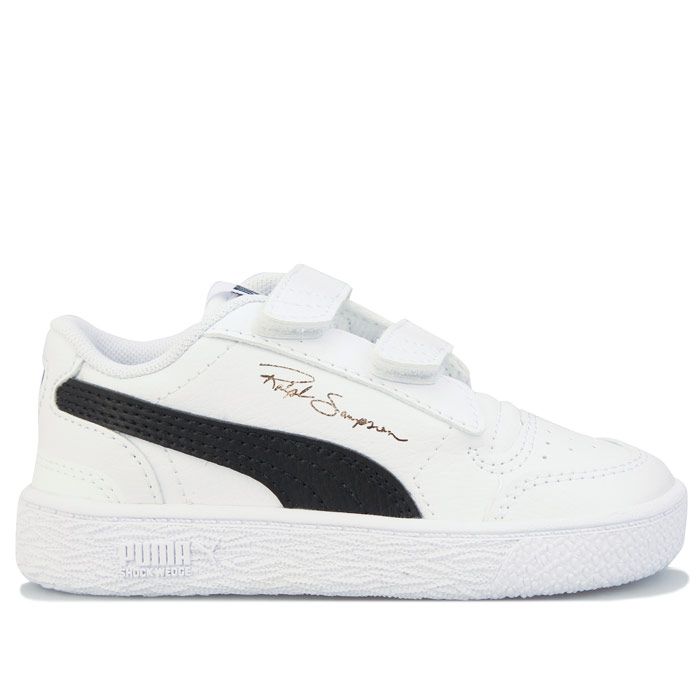 Infant Boys Puma Ralph Sampson Lo V Trainers in Puma white - Puma black.- Synthetic leather upper.- Hook and loop closure for easy on-off.- Padded collar and tongue.- Comfortable textile lining.- Kinder-Fit® removable cushioned sockliner.- Puma branding at tongue  side and back heel.- Puma Formstrip and foil print Ralph Sampson signature to sides.- Non-marking rubber outsole.- Synthetic upper  Textile lining  Synthetic sole.- Ref: 370922-08