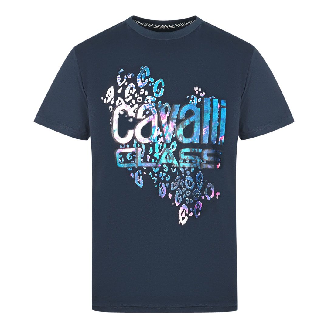 Cavalli Class Bold Leopard Print Logo Navy T-Shirt