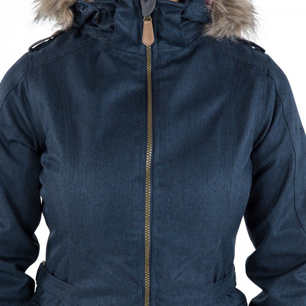 Womens jacket. Padded. Contrast lining. Adjustable zip off hood. Removable fake fur trim. 2 zip pockets. Adjustable waist tabs. Inner knitted cuff. Inner storm flap. Antique brass accessories. Waterproof 3000mm, windproof. Taped seams. Shell: 100% Polyester TPU membrane, Padding: 100% Polyester, Lining: 100% Polyester.