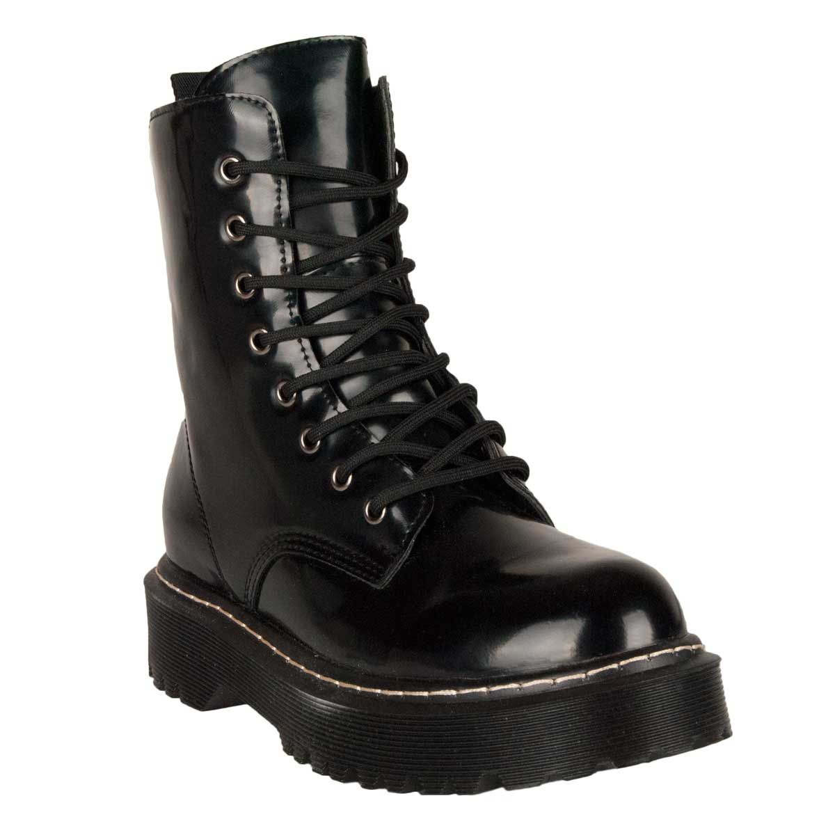 Modern military-style boot for women, with platform. Highlights their fine thread cords with metallic eyelets, it also has a side zipper, to facilitate footwear. Previous buttock and doubly sewn, which provides the boot greater consistency and firmness. Exterior imitation material to patent, very easy to clean. Interior and textile plant. Stitched floor. Platform and anti-slip rubber sole, with tacos. If you like punk style, this is your perfect boot.