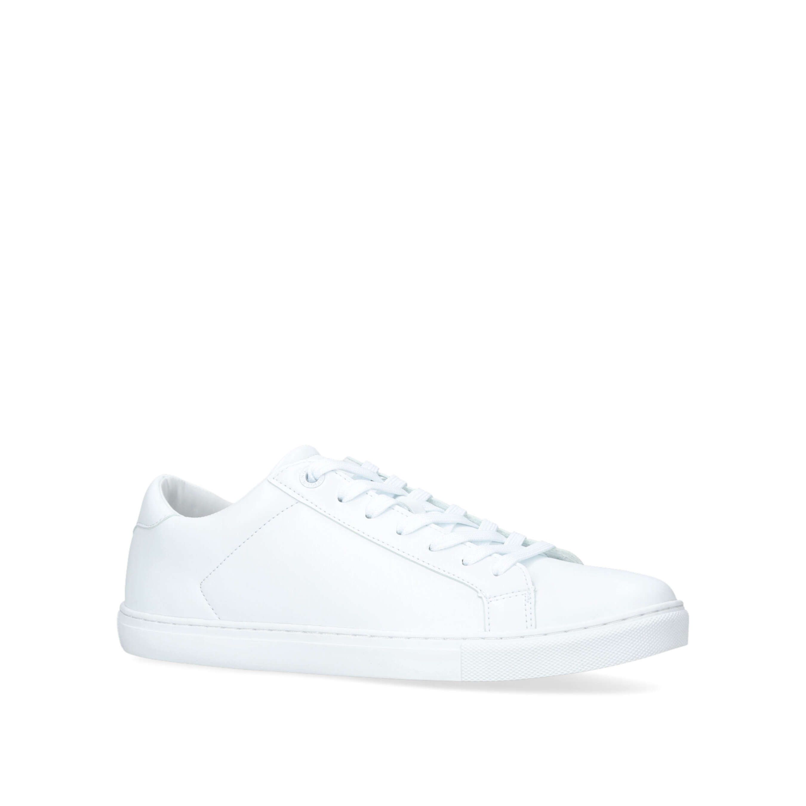 The Kacy is a classic sneaker in white. There is silver foil embossed branding on the tongue and a simple KG Kurt Geiger logo printed on ribbed textile with print stitch detailing tab at the back of the heel.