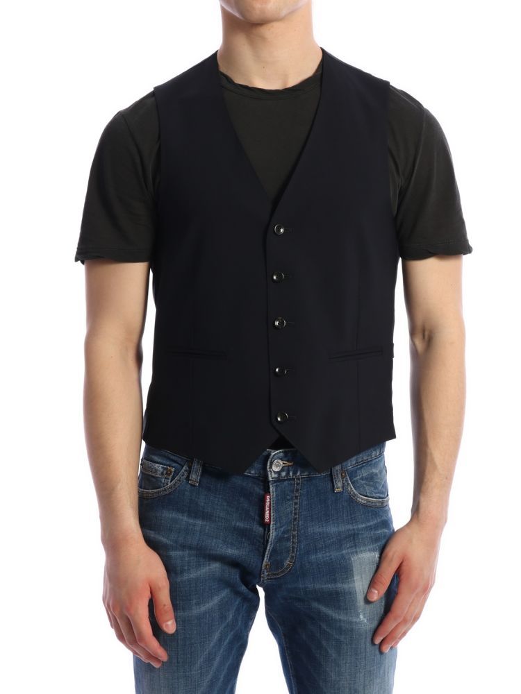 Single-breasted blue wool vest with button closure, front pockets and adjustable buckle on the back.The model is 185 cm tall and wears size 48IT / L