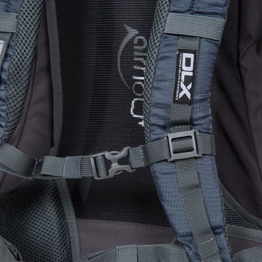 45 litre DLX rucksack. Airflow system. Main pocket. Trekking pole loops. Ice axe loops. Mesh venting system. Hydration pack access. Raincover. 420D Polyester Mini Ripstop.
