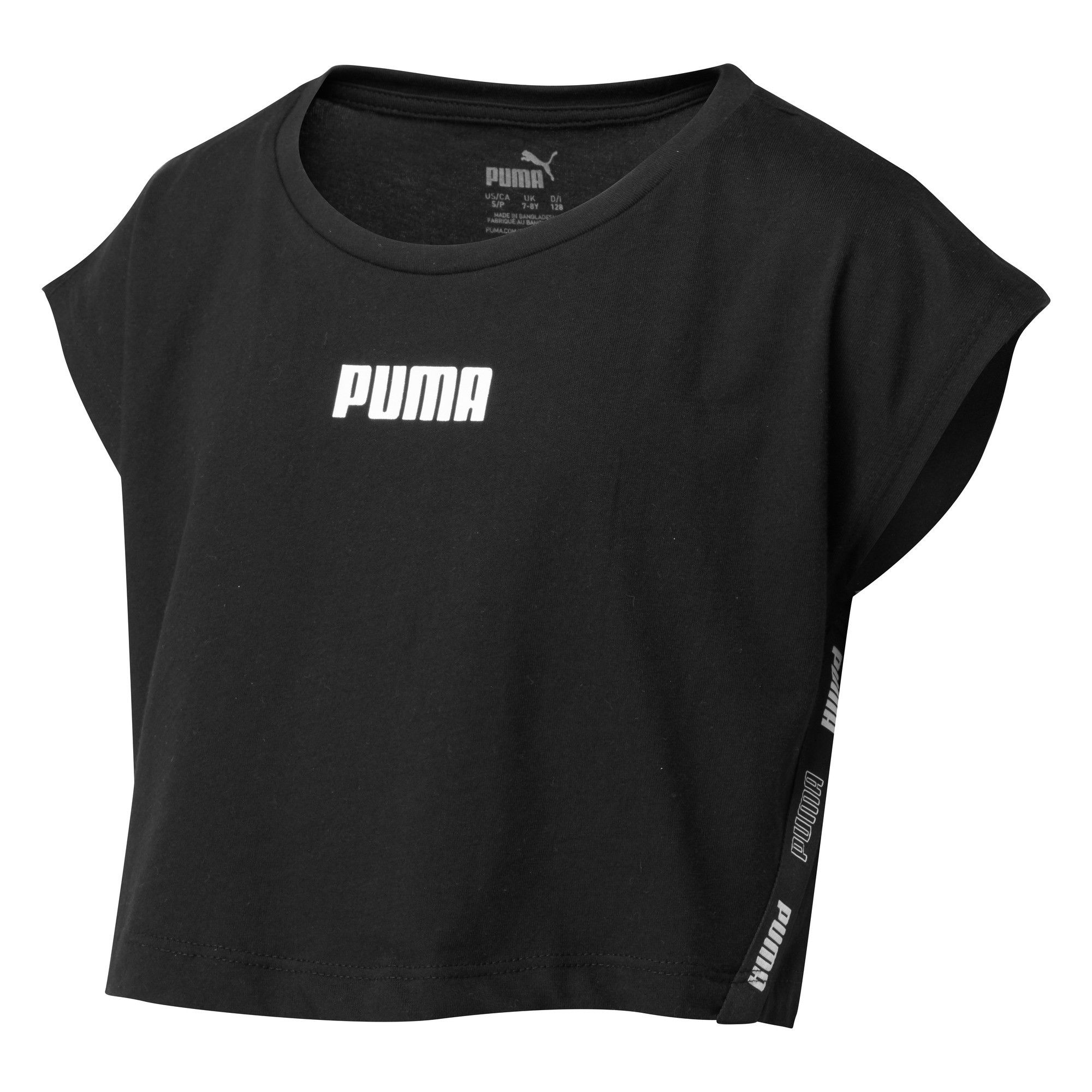 PRODUCT STORY Athletic PUMA DNA meets comfy, casual style. Older kids can throw on the Tape Tee and conquer the day. DETAILS Regular fitCrew neckPUMA branding details