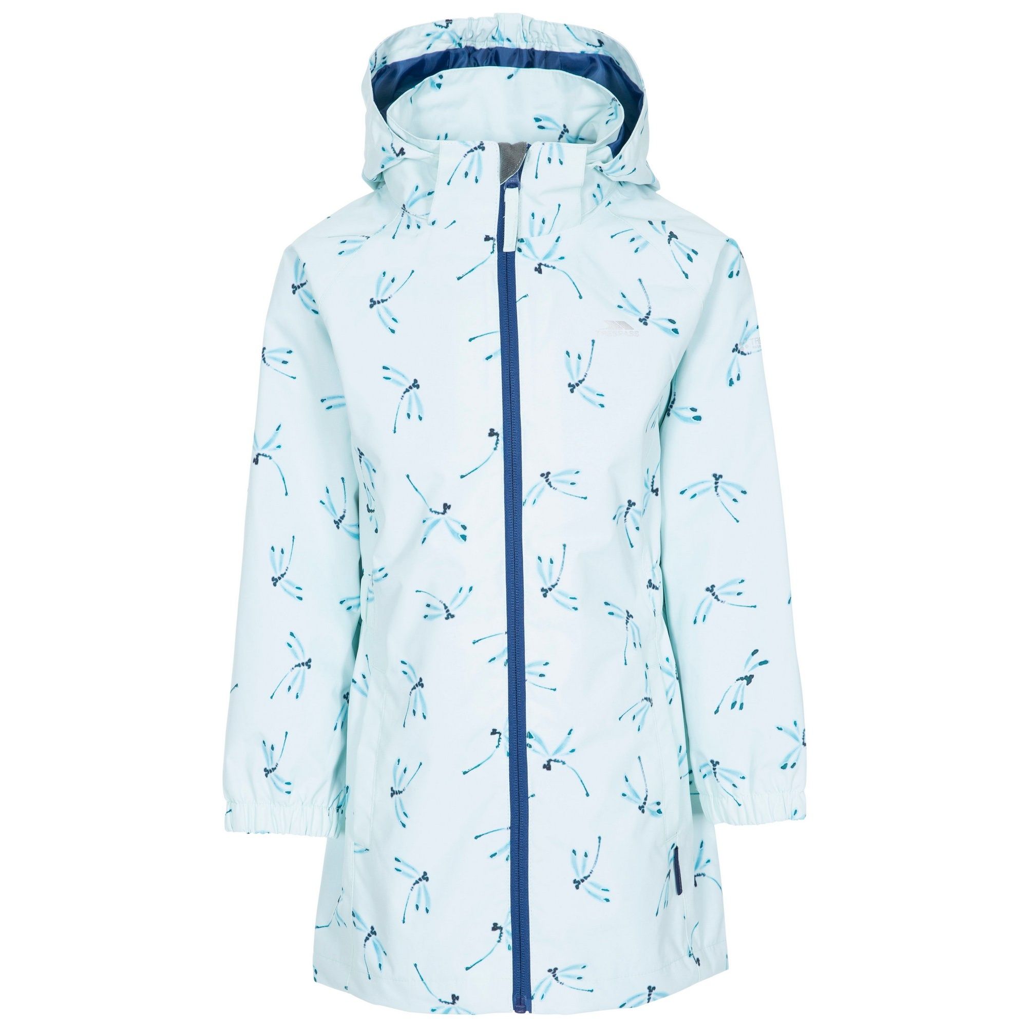 Shell: 100% Polyester PVC, Lining: 100% Polyester. All over printed jacket. 2 welt pockets. Partial waist elastication. Deeper hem at the back. Hood is detachable with studs. Contrast centre front zip. Waterproof 2000mm, windproof, taped seams. Trespass Childrens Chest Sizing (approx): 2-3 Years - 21in/53cm, 3-4 Years - 22in/56cm, 5-6 Years - 24in/61cm, 7-8 Years - 26in/66cm, 9-10 Years - 28in/71cm, 11-12 Years - 31in/79cm.