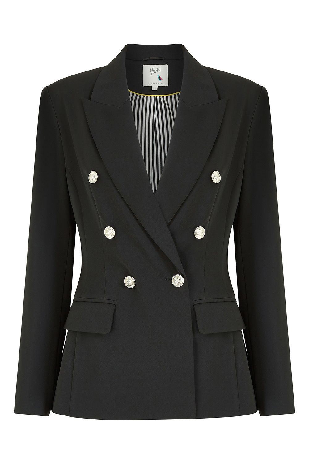 Step out in style with this lush Yumi Black Blazer With Button Details. Perfect for all occasions, this wardrobe essential comes in timeless black, with six breast buttons and a tailored fit. The contrast stripe lining add a luxurious twist to this piece. Layer over a bodysuit and jeans and match with strappy heels for a super cute smart casual look.