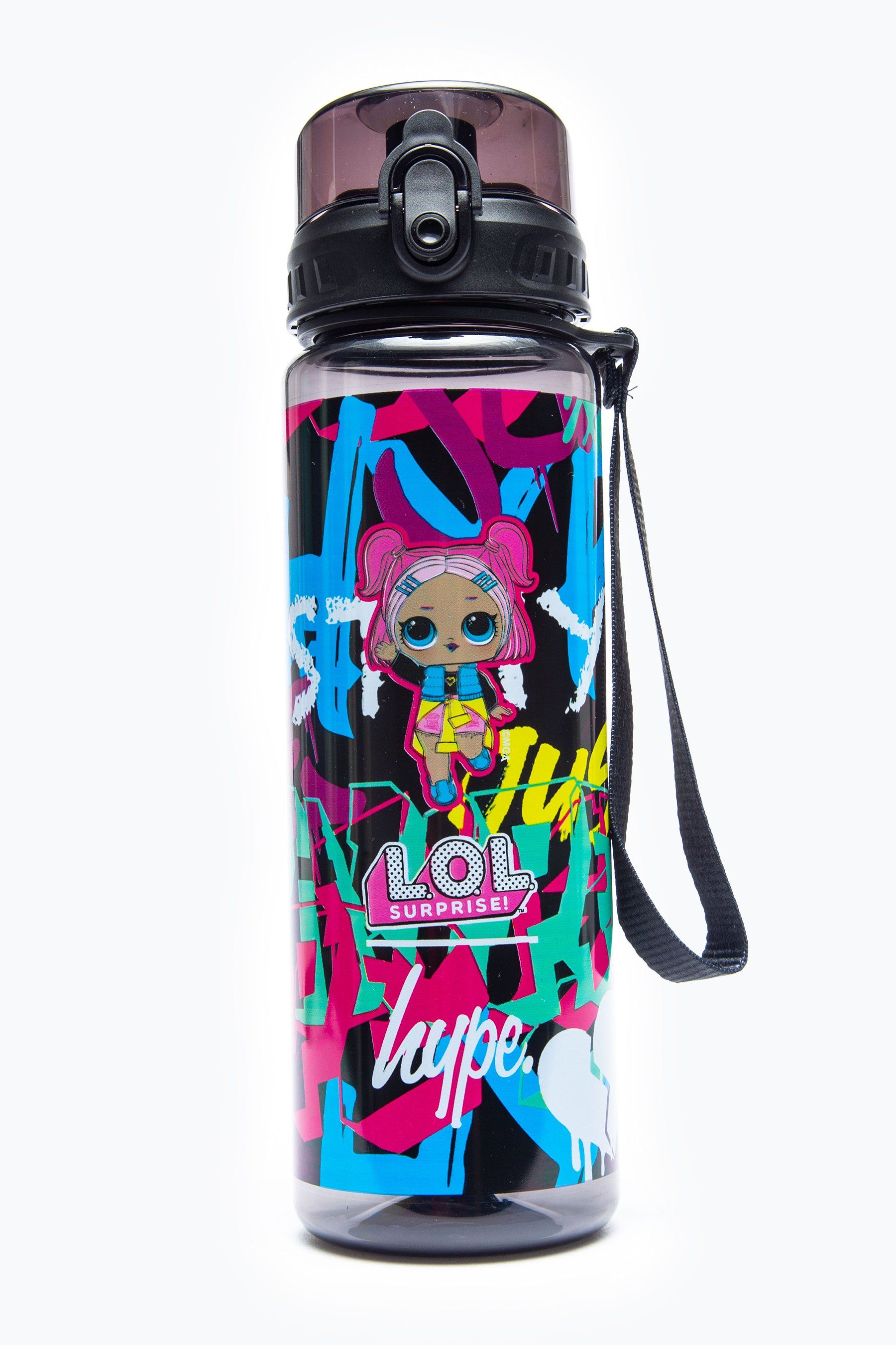 Meet the HYPE. x LOL V.R.Q.T Water Bottle, perfect for when you're on the go. Reuse it again and again with a fabric handle and flip lid no-leakage design. Designed in an all-over graffiti-inspired print in a pink, purple, cyan, yellow and green colour palette, finished with LOL's V.R.Q.T on the front. Hand wash only.