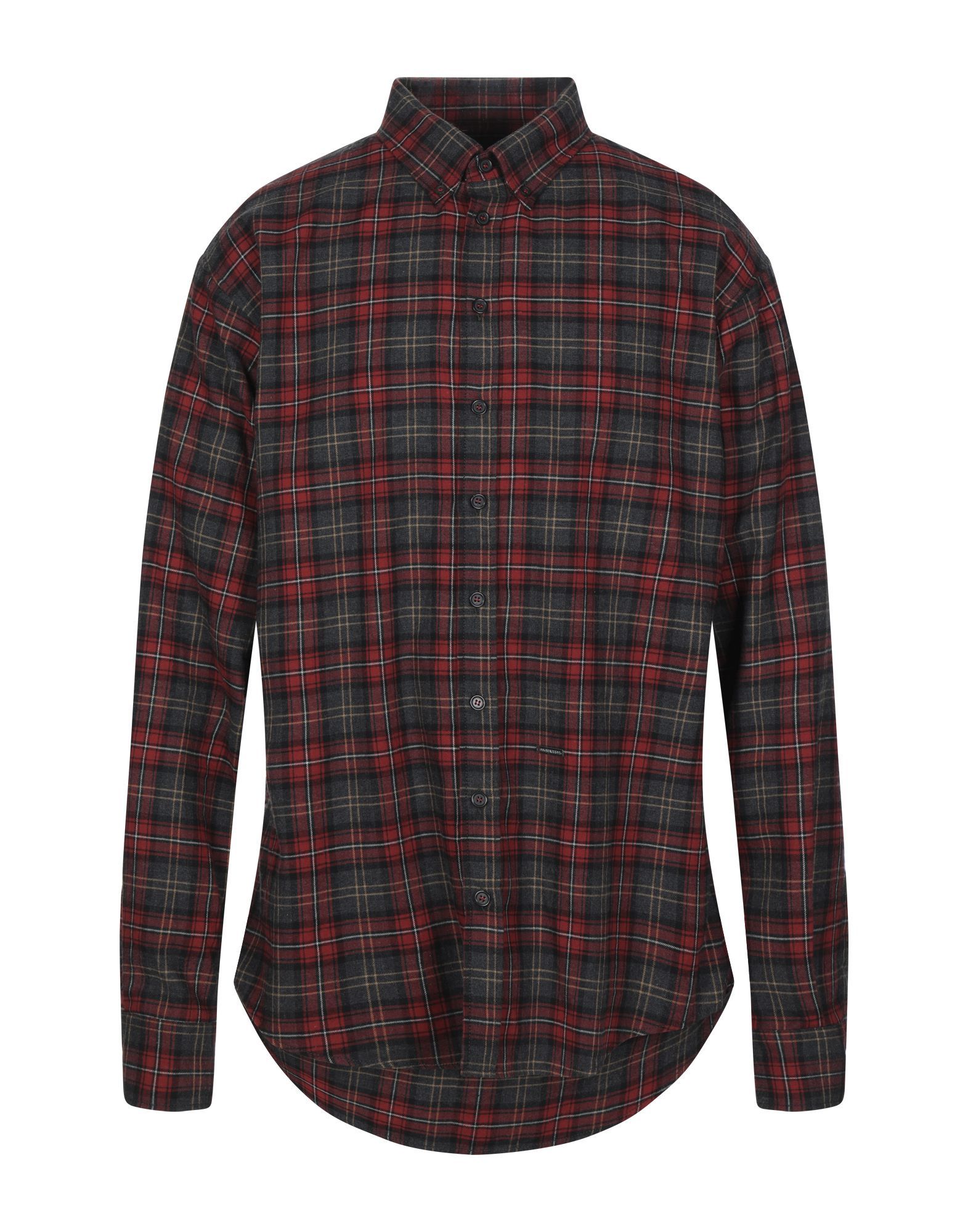 flannel, logo, tartan plaid, front closure, button closing, long sleeves, buttoned cuffs, button-down collar, no pockets, contains non-textile parts of animal origin