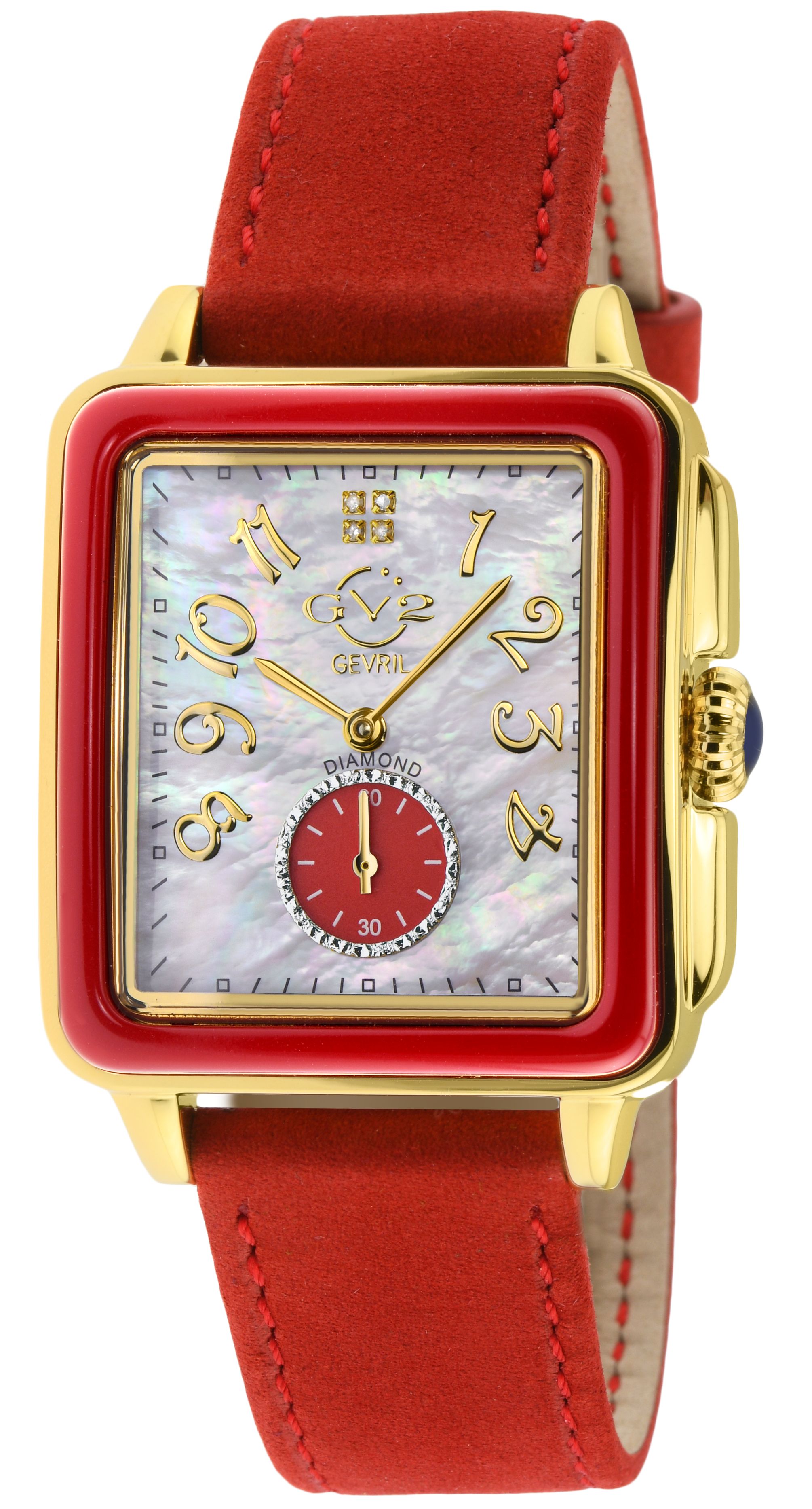 GV2 9261 Bari Enamel Swiss Quartz Diamond Watch
GV2 Women's Swiss Watch from the Bari Collection
37 mm Square 316L Stainless Steel IPYG Case, Red Enamel Bezel
White MOP Dial, 4 Diamonds at 12:00, Red Diamond Cut ring at 6:00
Push Pull Fluted crown with Blue cabochon Stone
Genuine Italian Red Suede Leather Strap with Tang Buckle
Anti-reflective Sapphire Crystal
Water Resistant to 50 Meters/5ATM
Swiss Quartz Movement Ronda 1069