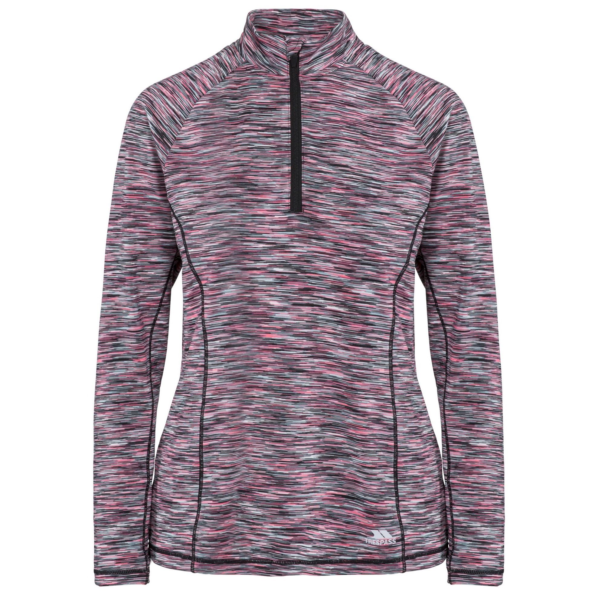 1/2 zip neck. Long sleeve. Small rear zip pocket. Contrast inner back neck binding. Reflective printed logos. Wicking. Quick dry. 87% Polyester, 13% Elastane. Trespass Womens Chest Sizing (approx): XS/8 - 32in/81cm, S/10 - 34in/86cm, M/12 - 36in/91.4cm, L/14 - 38in/96.5cm, XL/16 - 40in/101.5cm, XXL/18 - 42in/106.5cm.