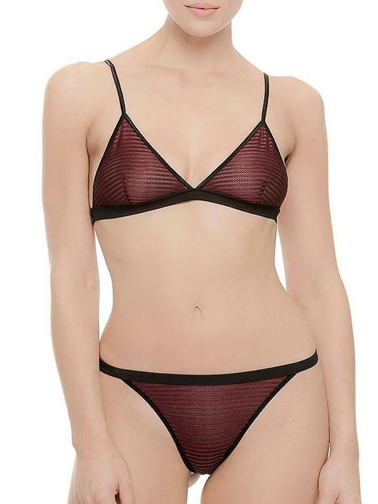 Ultimo Ember Bralette & Thong set, this set features a non-wired triangle bralette with semi sheer cups and a strappy thong, both made from a stretchy stripe fabric for a captivating look. Complete with adjustable straps and fastened with a hook and eye.