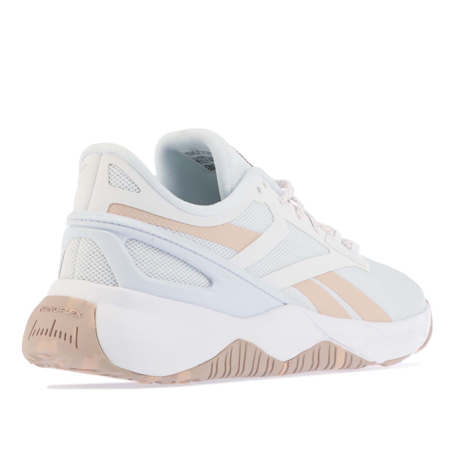Womens Reebok Nanoflex Trainers in white.- Mesh upper.- Lace closure.- Regular fit.- Padded ankle.- Reebok branding.- Breathable feel.- TPU heel clip for stability.- High-traction rubber outsole.- Ref: GX7551