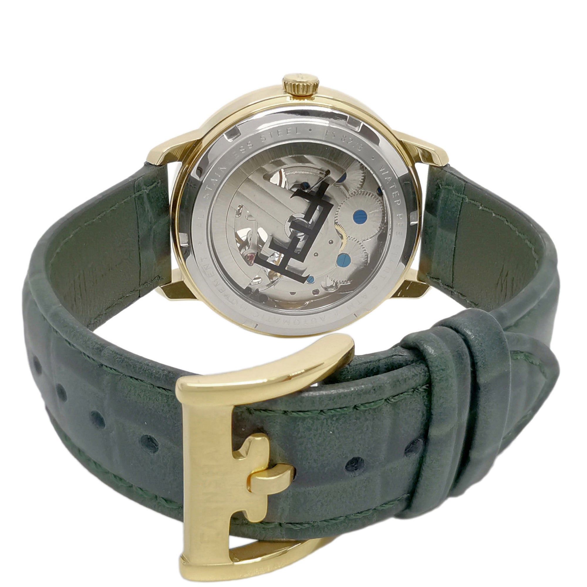 Collection: Brewster Double Barrel Automatic
Model: Es-8273-05
Movement: Automatic 
Case Material: Stainless Steel
Case Diameter (mm): 42
Case Thickness (mm): 13
Case Shape: Round
Case Color: Gold
Dial Color: Green
Band: Genuine Leather Strap
Band Color: Green
Buckle: Strap Buckle
Band Width (mm): 20
Water Resistance: 5 Atm
Watch Weight (g): 120
Warranty: 2 Years International Warranty