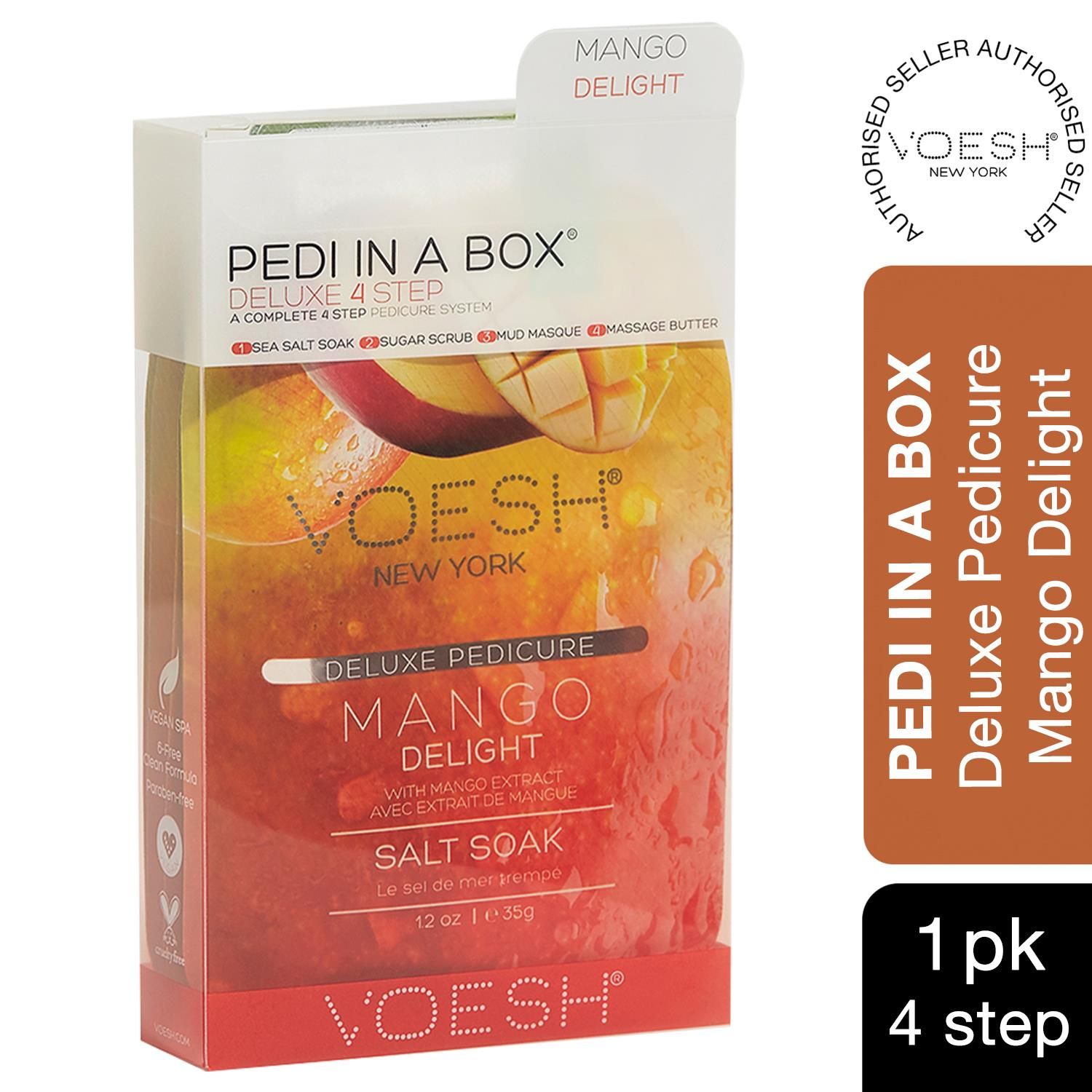 Voesh Mango Delight Deluxe 4 Step Pedicure In A Box with Mango Extract.  The Cleanest And Most Hygienic Spa Pedicure Solution. Enriched With Key Ingredients To Give Your Feet The Nutrition It Needs. Each Product Is Individually Packed With The Right Amount For A Single Pedicure.

The Perfect Pedi For:
DIY At-Home Pedicure
Date Night
Bachelorette Parties
Girls’ Night In

The kit contains:
Sea Salt Soak: This soak helps relieve tension, stiffness, minor aches and discomfort in your feet. It helps detox and deodorize the feet.
Sugar Scrub: The scrub gently exfoliates dead skin cells and helps soften your feet. Perfect for use on the soles on your feet.
Mud Masque: The masque removes deep-seated impurities in your skin leaving your feet feeling clean and revived.
Massage Cream: The massage cream hydrates and soothes skin. It softens the soles of your feet and helps prevent dryness and roughness.

4 Step Includes
Sea Salt Soak 35g: to detox & deodorize the feet.
Sugar Scrub 35g: to gently exfoliate dead skin.
Mud Masque 35g: to deep cleanse impurities.
Massage Butter 35g: to hydrate and soothe skin.
