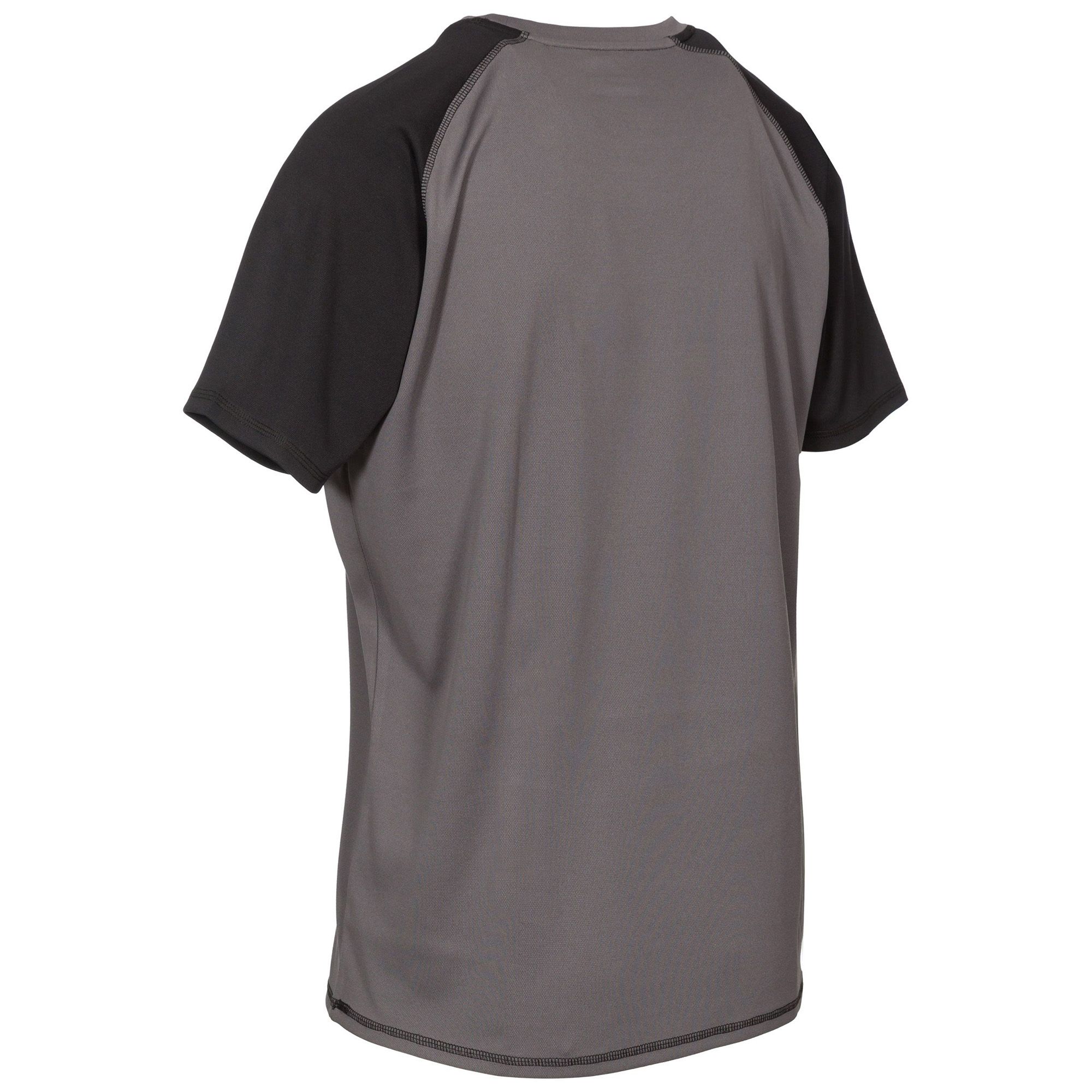 Mens short sleeved athletic T-shirt with round neck and contrast inner neck trim. Quick drying. Ideal for any form of exercise. 100% Polyester.
