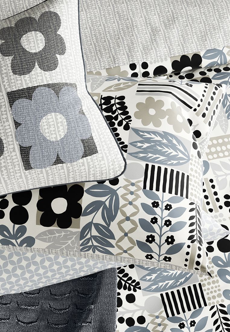 A modern patchwork style design with a cool Scandi twist. The all-over placement of leaves and flowers make up a graphic pattern in a contemporary colourway of charcoal, silver, white and steely blue. The design reverses to an abstract vertical stripe which adds a calming touch. Includes Pillowcase(s). Machine Washable. Made in Pakistan.