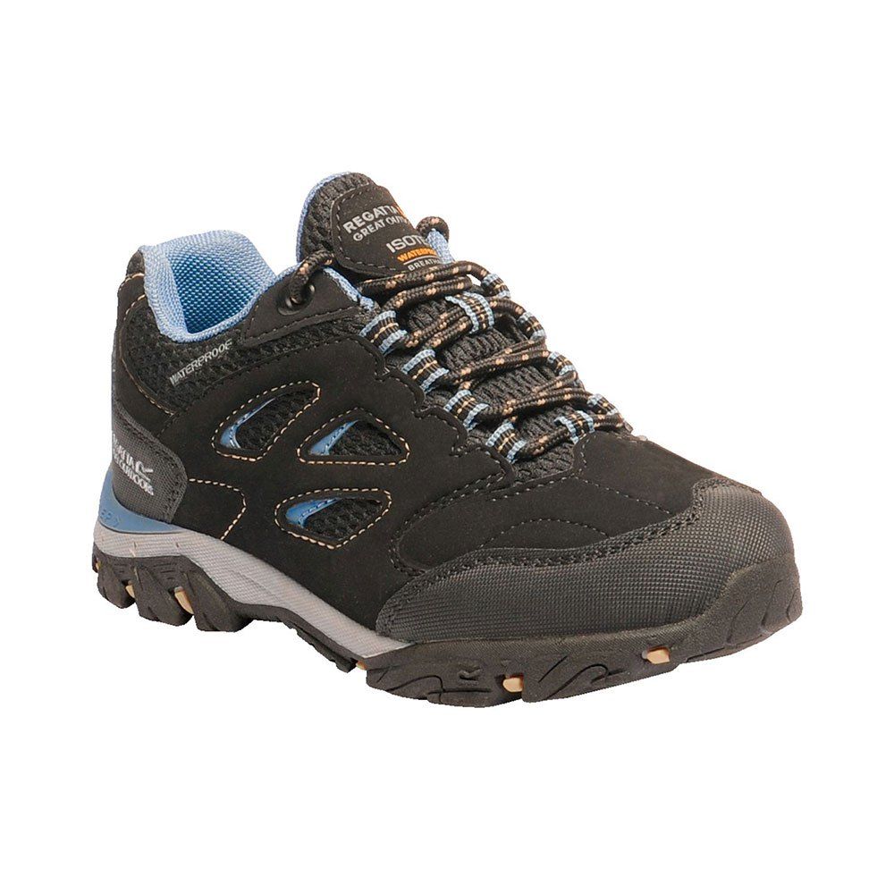 Childrens hiking boots made of Isotex waterproof material. Seam sealed with internal membrane bootee liner. Hydropel water resistant technology. Enclosed hardwear for reduced trip hazard. Abrasion toe and heel bumpers. EVA comfort footbed. Stabilising shank technology - (sizes 13 UK Child/32 EU and above). Internal EVA Pocket for underfoot comfort and reduced weight. New rubber outsole with self cleaning properties, angled lugs for propulsion, braking and larger heel grip to spread impact.