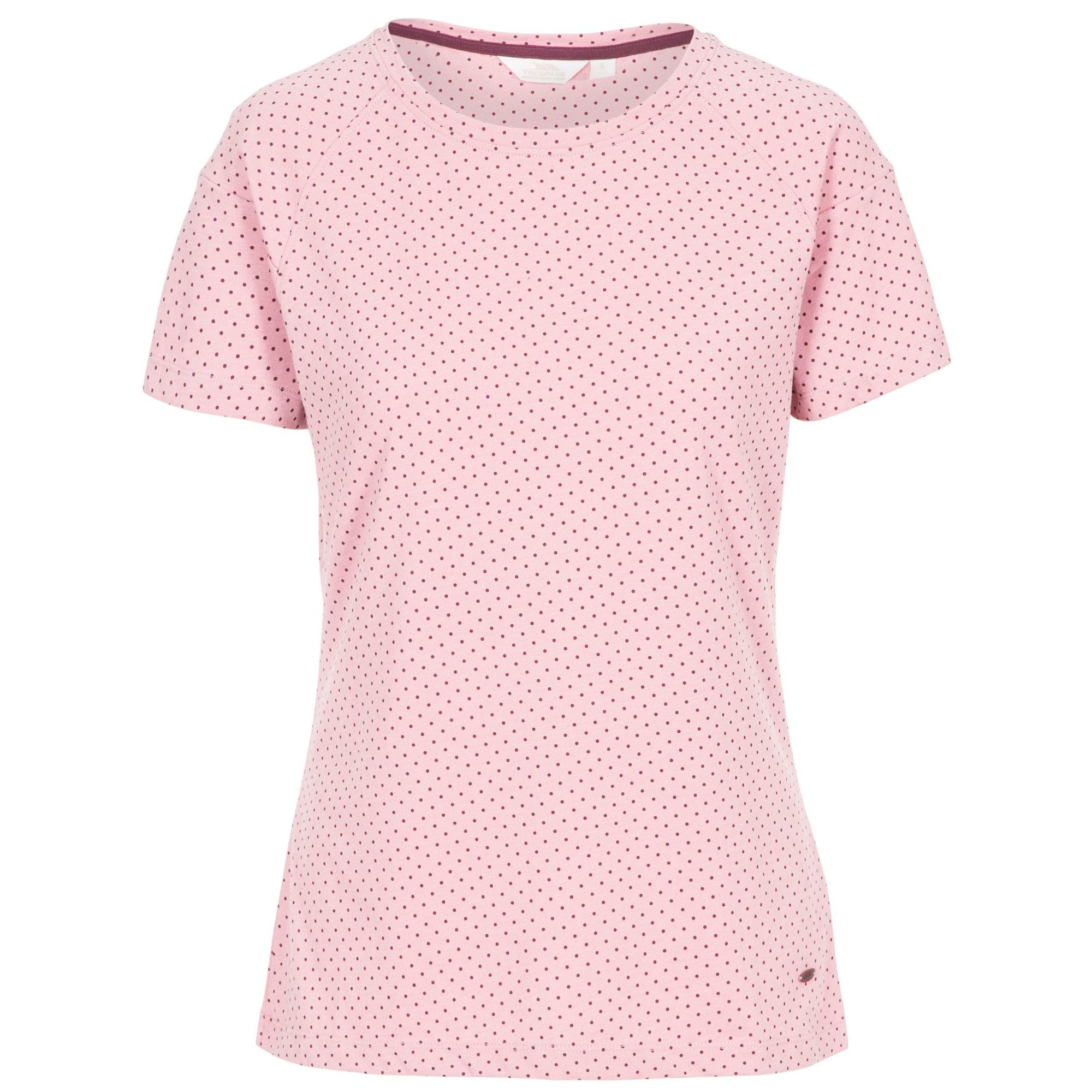 60% Cotton, 40% Polyester. Short sleeve raglan. Round neck. Contrast colour inner neck tape. All-over print. Trespass Womens Chest Sizing (approx): XS/8 - 32in/81cm, S/10 - 34in/86cm, M/12 - 36in/91.4cm, L/14 - 38in/96.5cm, XL/16 - 40in/101.5cm, XXL/18 - 42in/106.5cm.